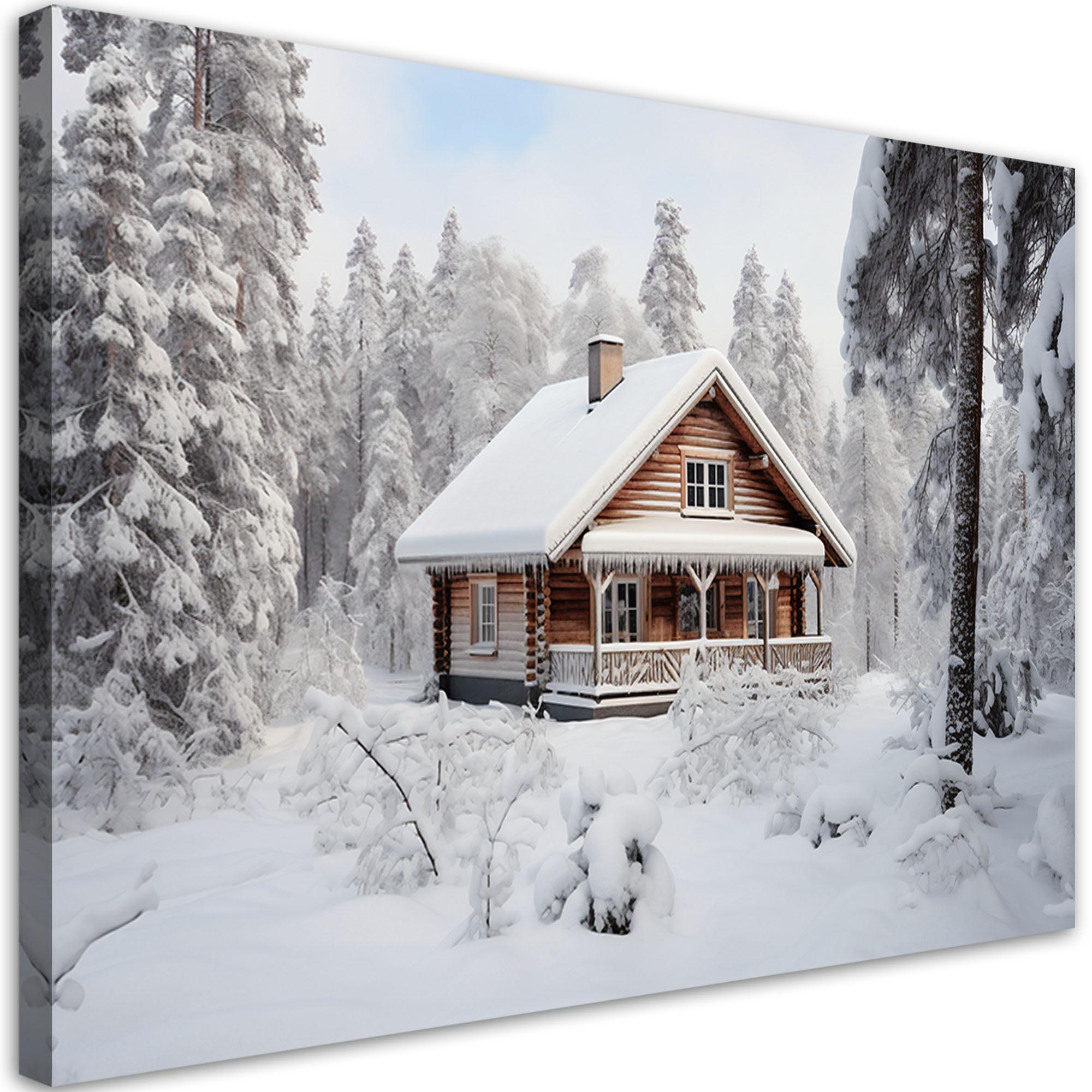 WANDBILD hütte im wald winter - Weiß, Textil (60/40cm) - Feeby