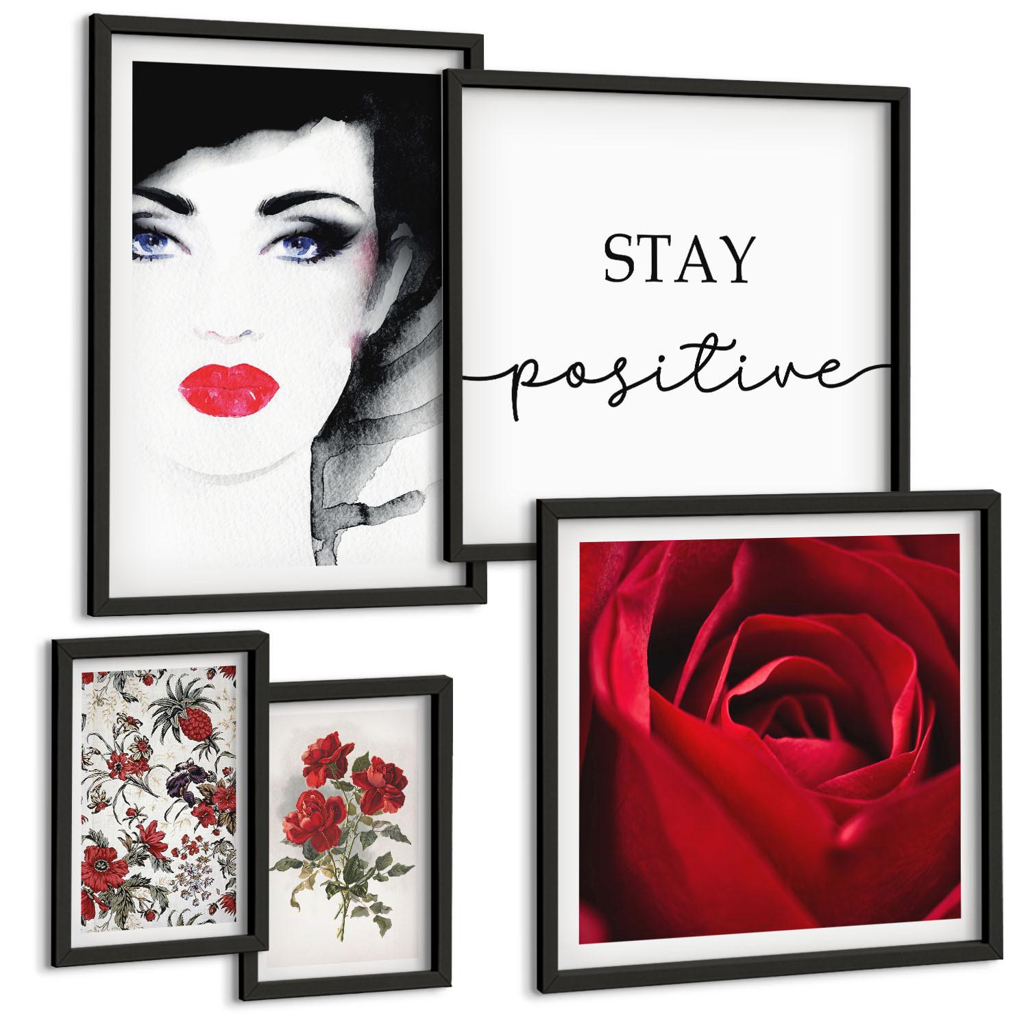 BILDER SET 5er Set - 50x50 cm & 20x30 cm & 40x60 cm Schwarzer Rahmen - Inschrift mit roten Rosen - Schwarz, Kunststoff (40/60cm) - TULUP