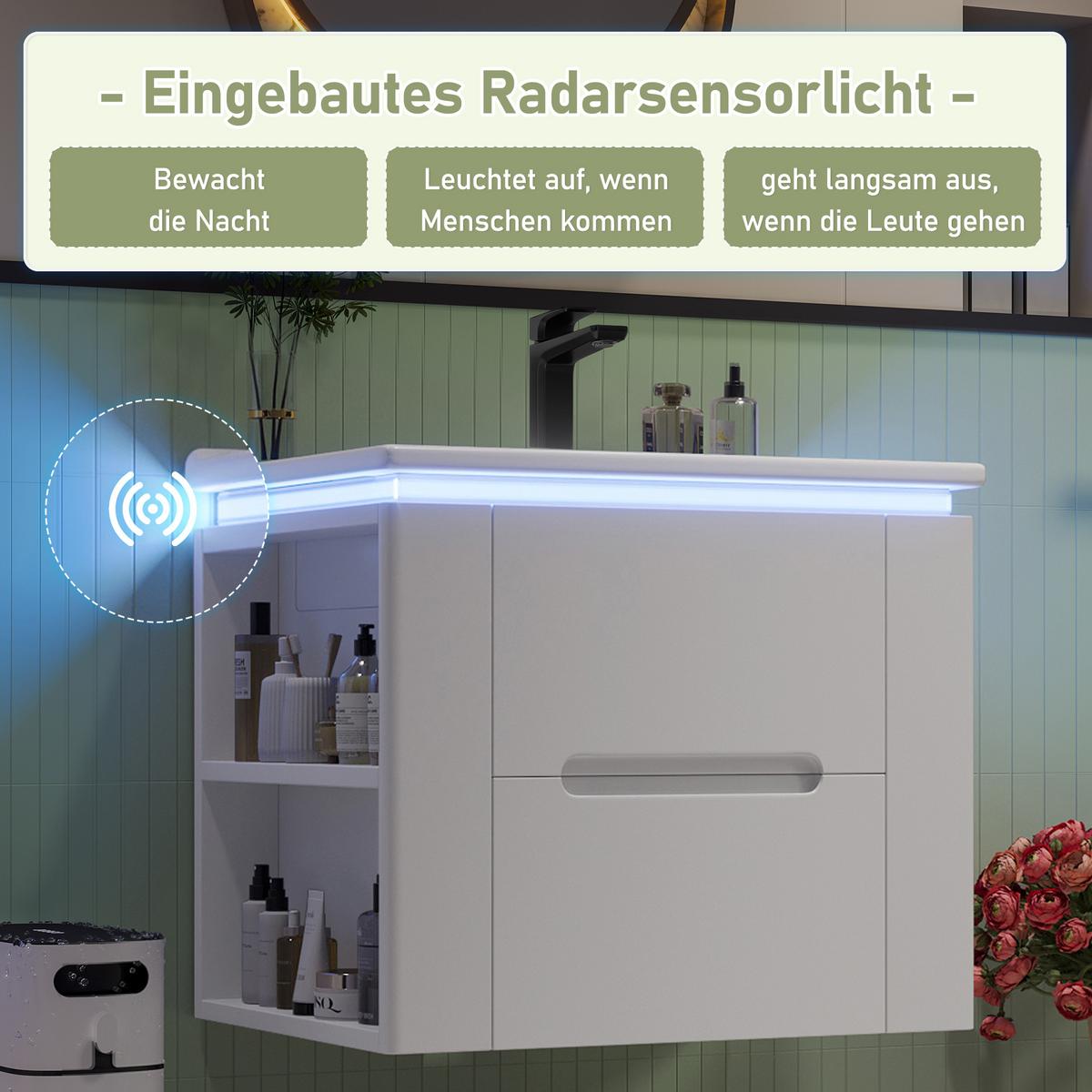 WASCHTISCH mit Unterschrank Weiß Wandhängend mit LED-Licht, 2 Schubladen & Stauraum - Weiß, Holzwerkstoff (61/48.5/46cm) - Urban Meuble