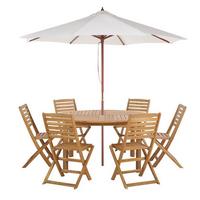 GARTENMÖBEL SET 6-Sitzer mit Sonnenschirm Akazienholz hellbraun Tolve - Hellbraun/Beige, Holz - Beliani