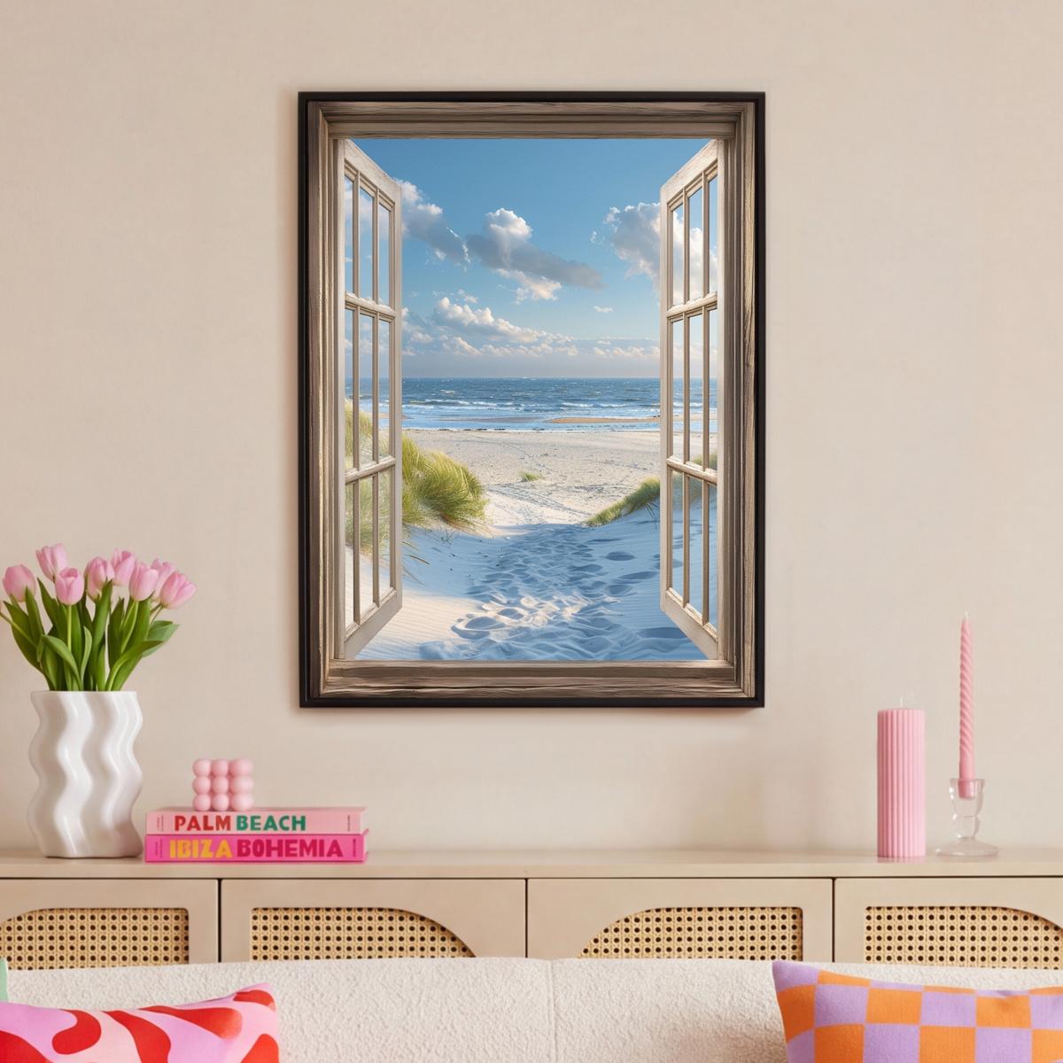 LEINWAND Bilder mit Rahmen - Aussicht - Strand - Fenster - Dünen - Meer - 70x100 - Hellblau, Textil (70/100cm) - MuchoWow