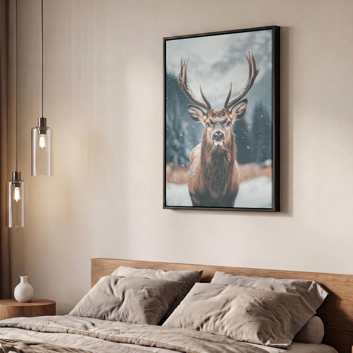 LEINWAND Bilder mit Rahmen - Hirsche - Tiere - Landschaft - Winter - Schnee - 50x70 - Kastanienfarben, Textil (50/70cm) - MuchoWow
