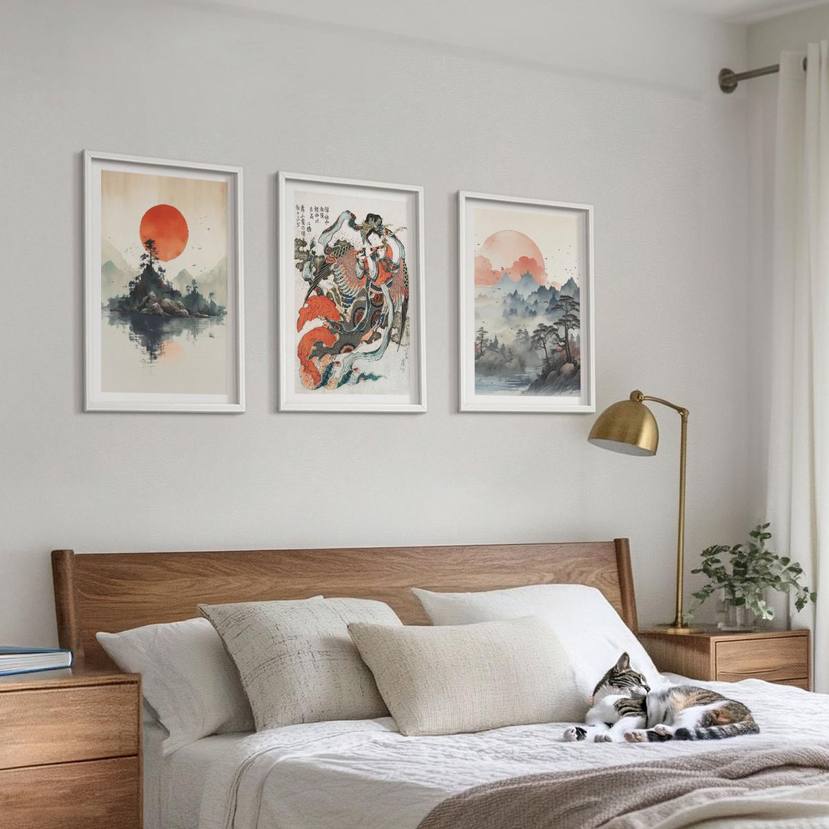 BILDER SET 3er Set - 40x60 cm Weißer Rahmen - Asiatische Japandi-Malereien - Weiß, Kunststoff (40/60cm) - TULUP