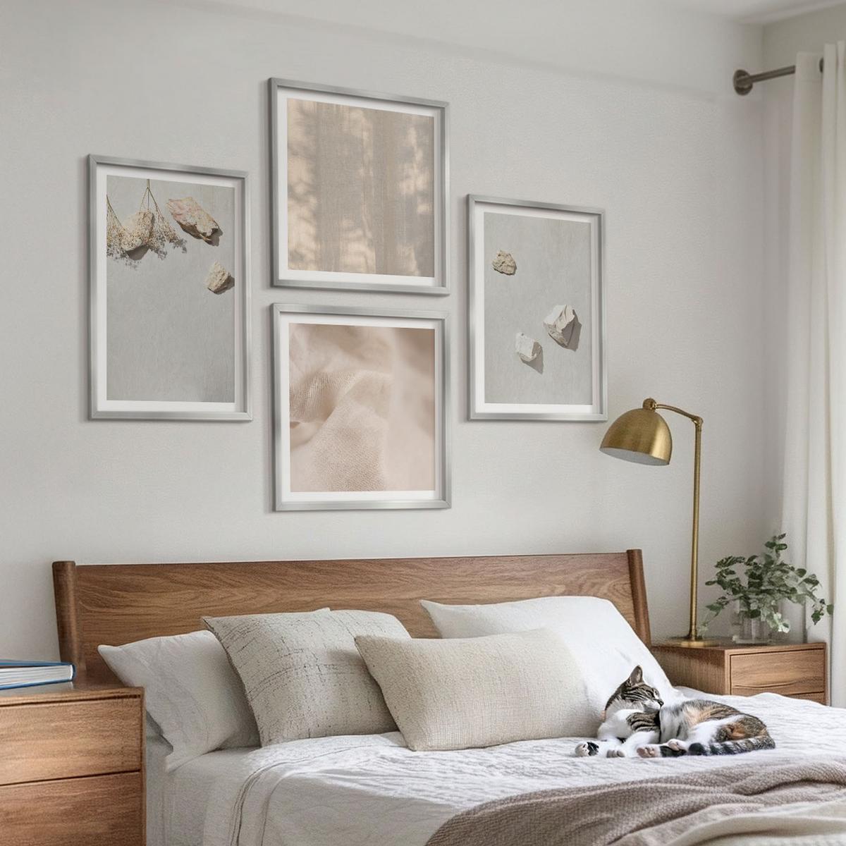 BILDER SET 4er Set - 50x50 cm & 40x60 cm Silberner Rahmen - Boho-Stranddekorationen aus Steinen - Silberfarben, Kunststoff (50/50cm) - TULUP