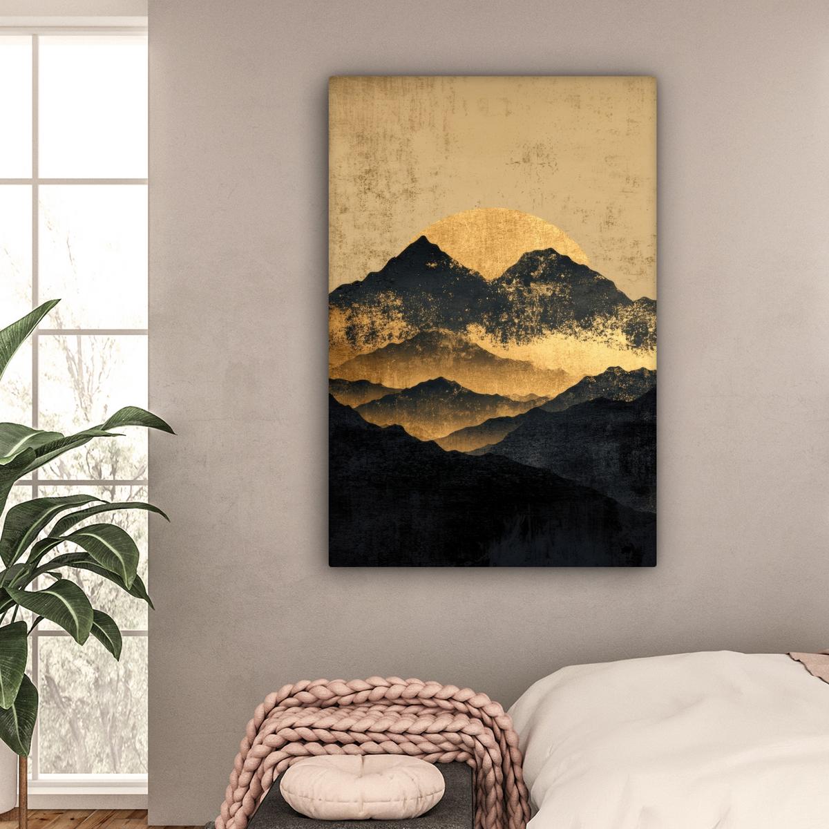 LEINWANDBILD Goldene Berge bei Mondschein Deko Groß 90x140 cm - Goldfarben, Textil (90/140cm) - MuchoWow