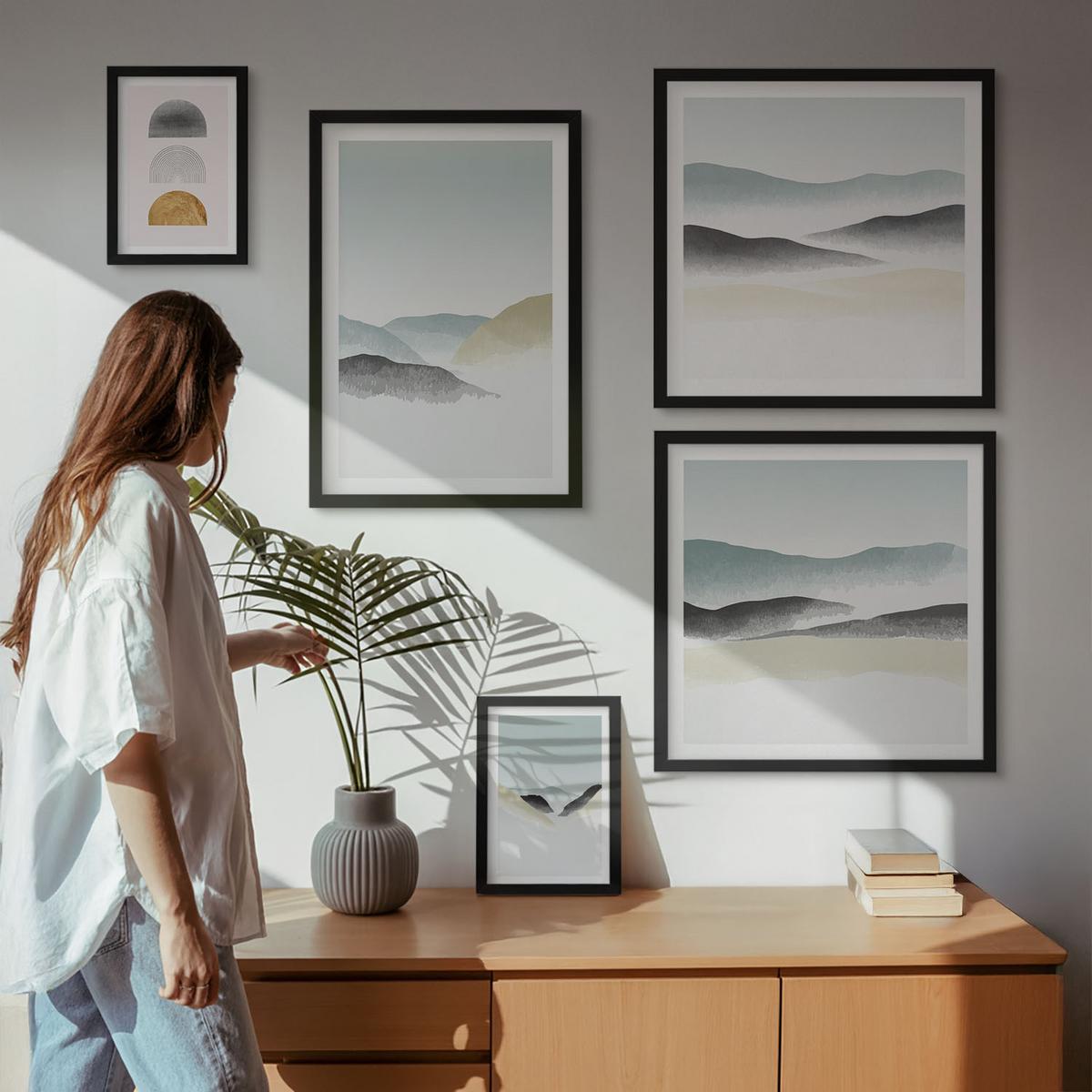 BILDER SET 5er Set - 50x50 cm & 20x30 cm & 40x60 cm Schwarzer Rahmen - Wellen – Japanische Kunstgrafik - Schwarz, Kunststoff (40/60cm) - TULUP