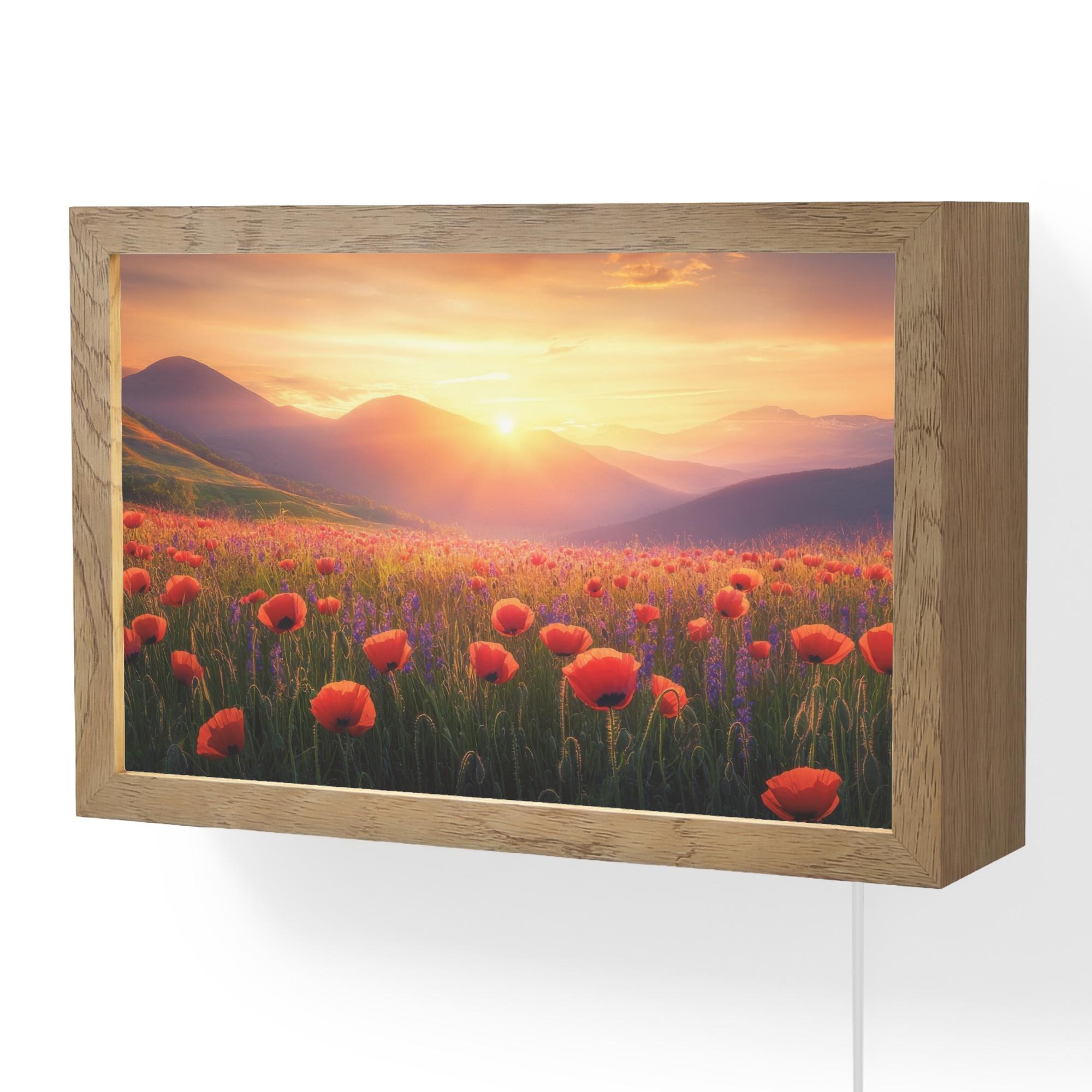 WANDLEUCHTE Landschaft - Sonnenuntergang - Blumenfeld 30x20 cm - Rot, Holzwerkstoff (30/20/8cm) - OnlyWow