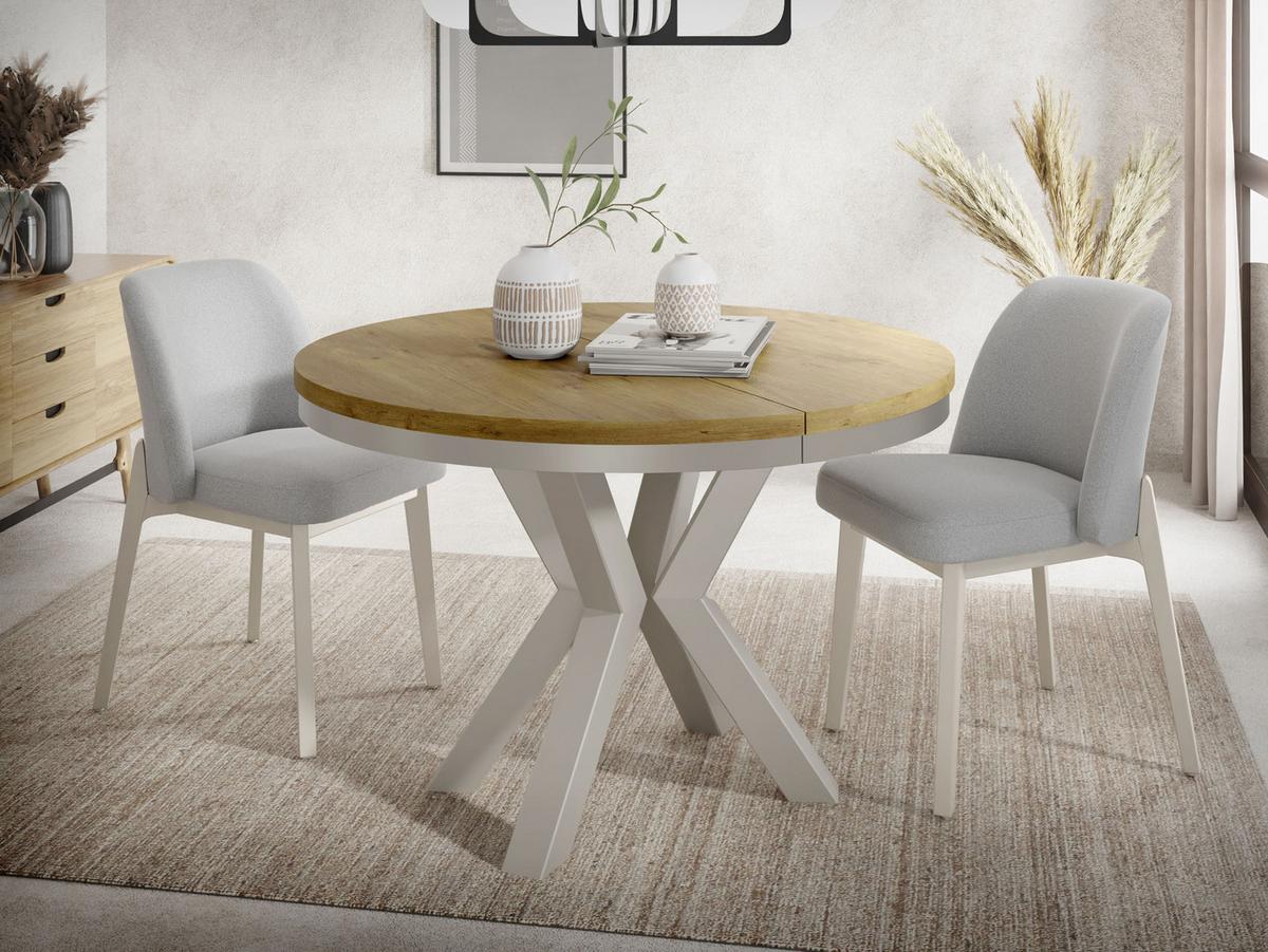 ESSTISCH Clara grau-beige runder ausziehbarer, Lancelot Eiche 120-200/120/76 cm - Greige/Eichefarben, Holzwerkstoff/Metall (120/196/76cm) - WFL GROUP