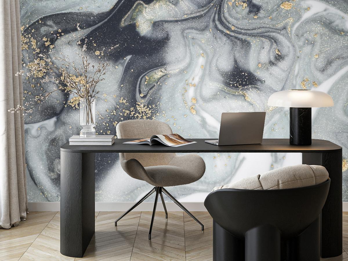 FOTOTAPETE für Badezimmer Luxus Grauer Marmor Muster Goldene Verzierungen 200x140 - Gelb/Weiß, Papier (200/140cm) - Muralo