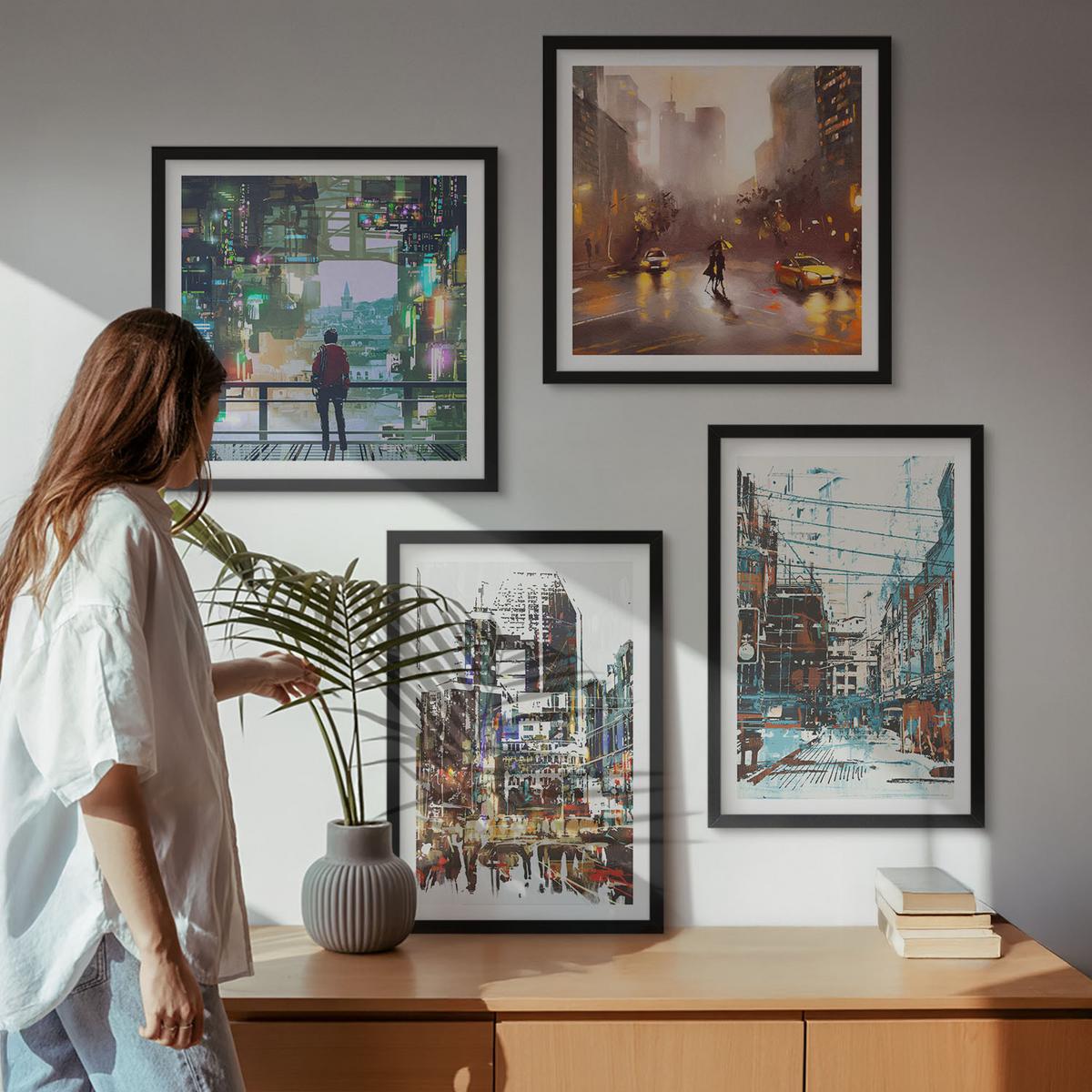 BILDER SET 4er Set - 50x50 cm & 40x60 cm Schwarzer Rahmen - Moderne, farbenfrohe Städte mit Charakteren - Schwarz, Kunststoff (50/50cm) - TULUP