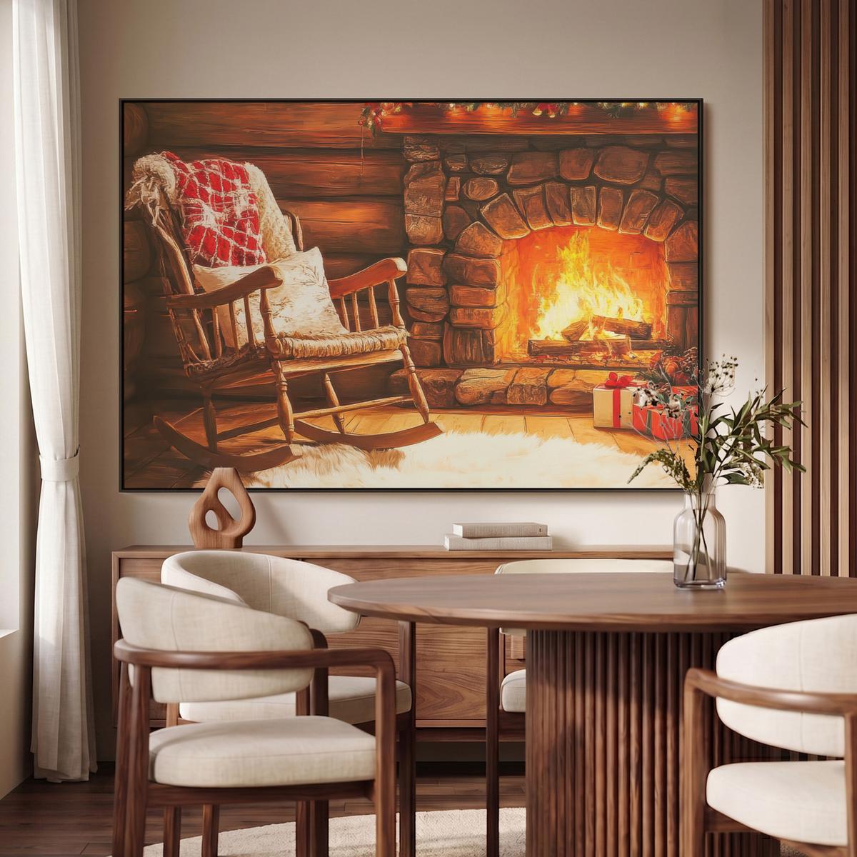 LEINWAND Bilder mit Rahmen - Winter - Weihnachten - Zuhause - Kamin - 140x90 - Bernsteinfarben, Textil (140/90cm) - MuchoWow