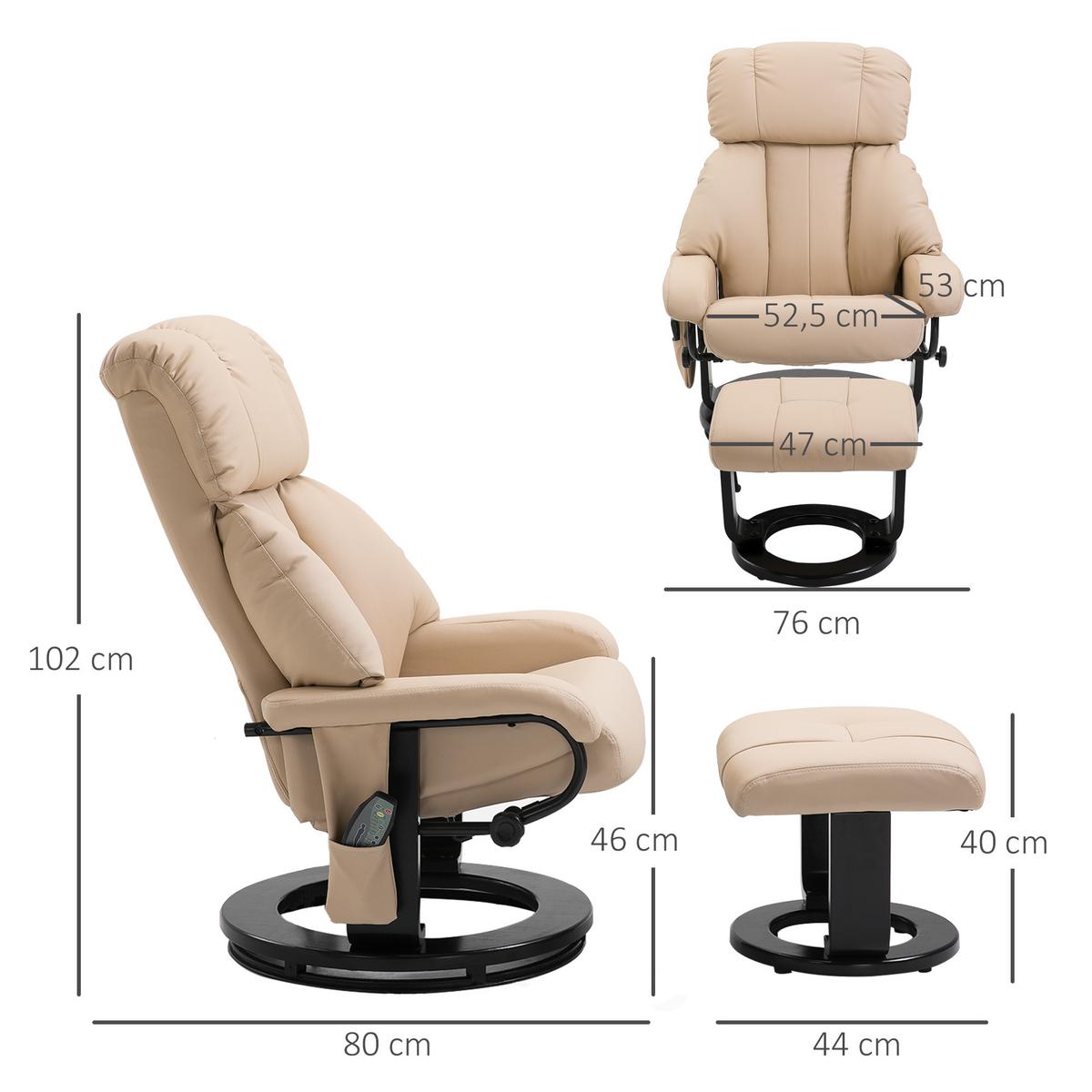 RELAXSESSEL mit Liegefunktion Massagesessel inkl. Hocker Fernsehsessel drehbar - Creme/Schwarz, Leder/Kunststoff (80/102/76cm) - HOMCOM