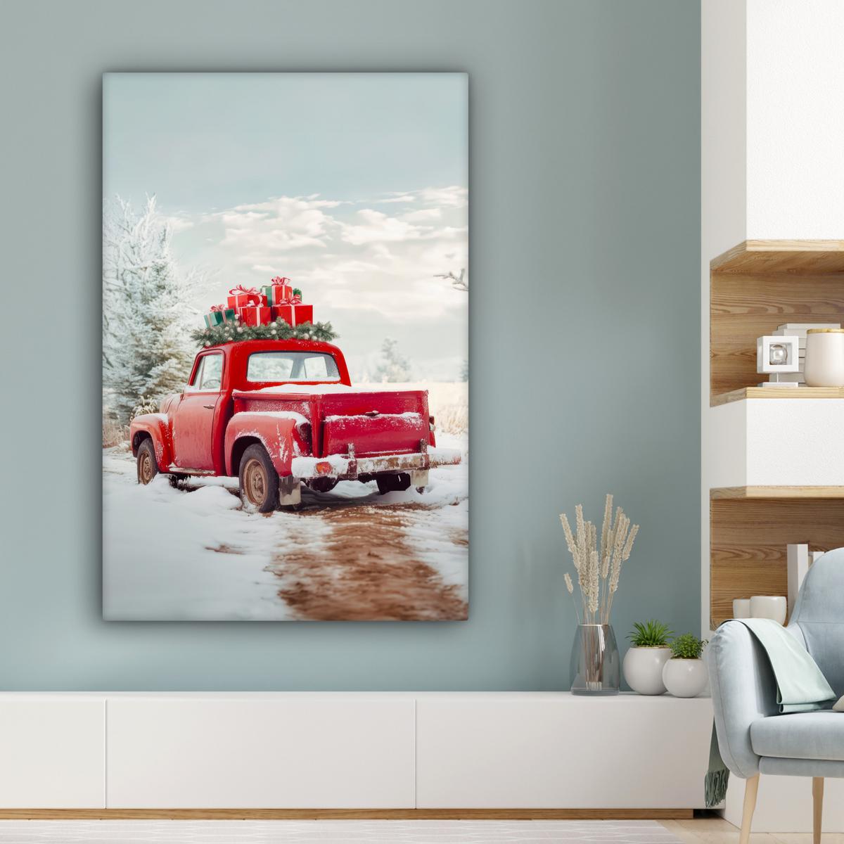LEINWANDBILD Auto - Rot - Geschenke - Winter - Schnee - Weihnachten Deko XXL 80x120 cm - Rot, Textil (80/120cm) - MuchoWow