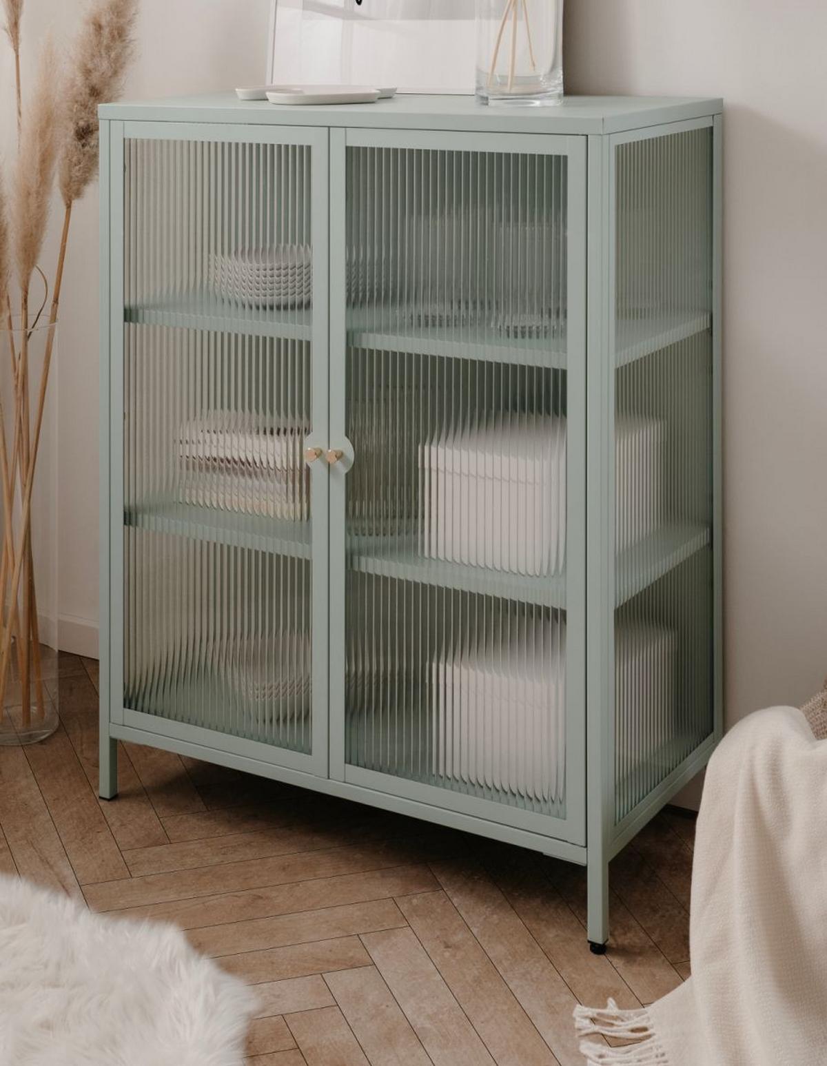 KOMMODE Metall mintgrün 80 cm, Vitrine mit stabilem Metallgestell - Goldfarben/Mintgrün, Glas/Metall (80/101.5/40cm) - Furn.Design