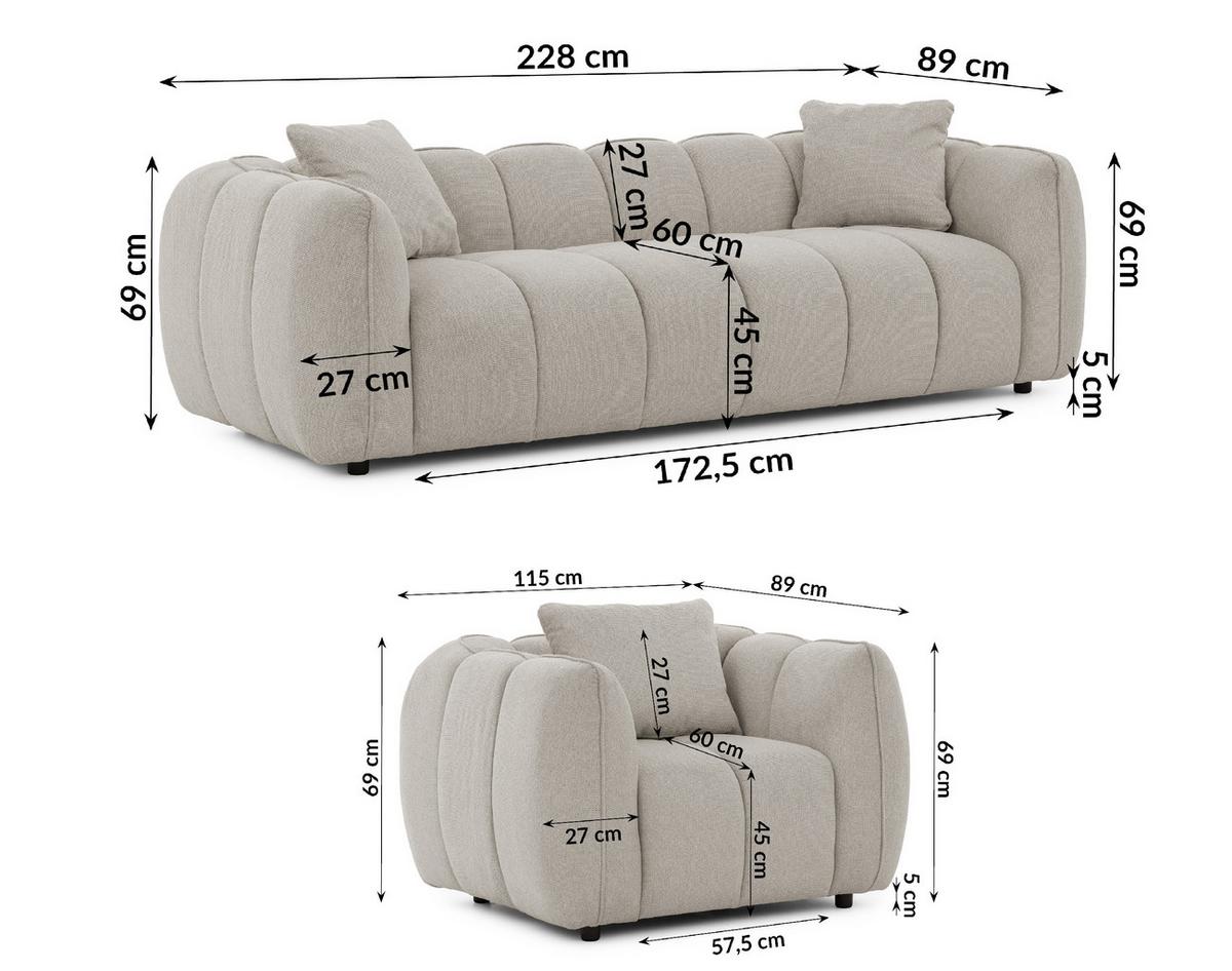 SITZGARNITUR 3+1 Nubira in tief gesteppter Bubble-Optik aus weichem Taupe Strukturstoff im modernen Design - Taupe/Schwarz, Holz/Kunststoff (228/69/89cm) - S-Style Möbel