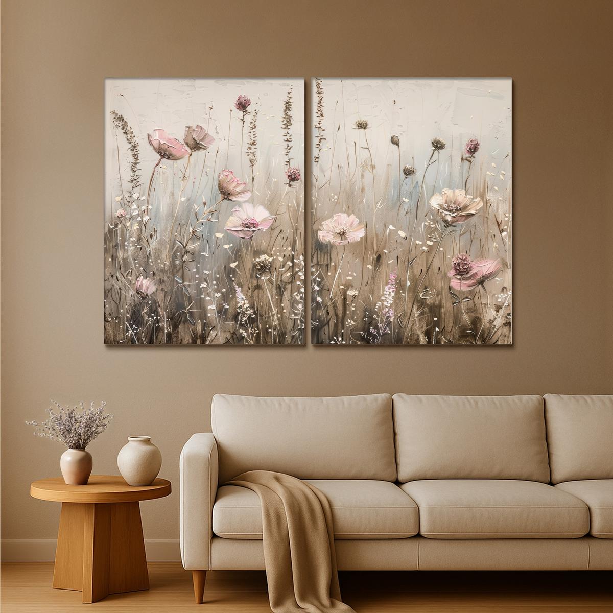 LEINWANDBILD 2er Set Blumen - Beige - Modern - Rosa 180x120 cm - Ecru, Textil (180/120cm) - MuchoWow