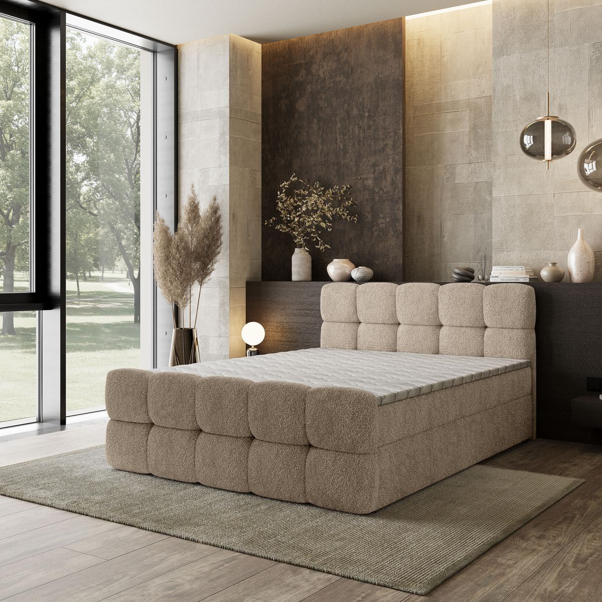 BOXBETT BRUME 160x200 cm mit Matratze und Topper, H2+H3 - Beige - Beige, Holz (160/200cm) - MASSENO