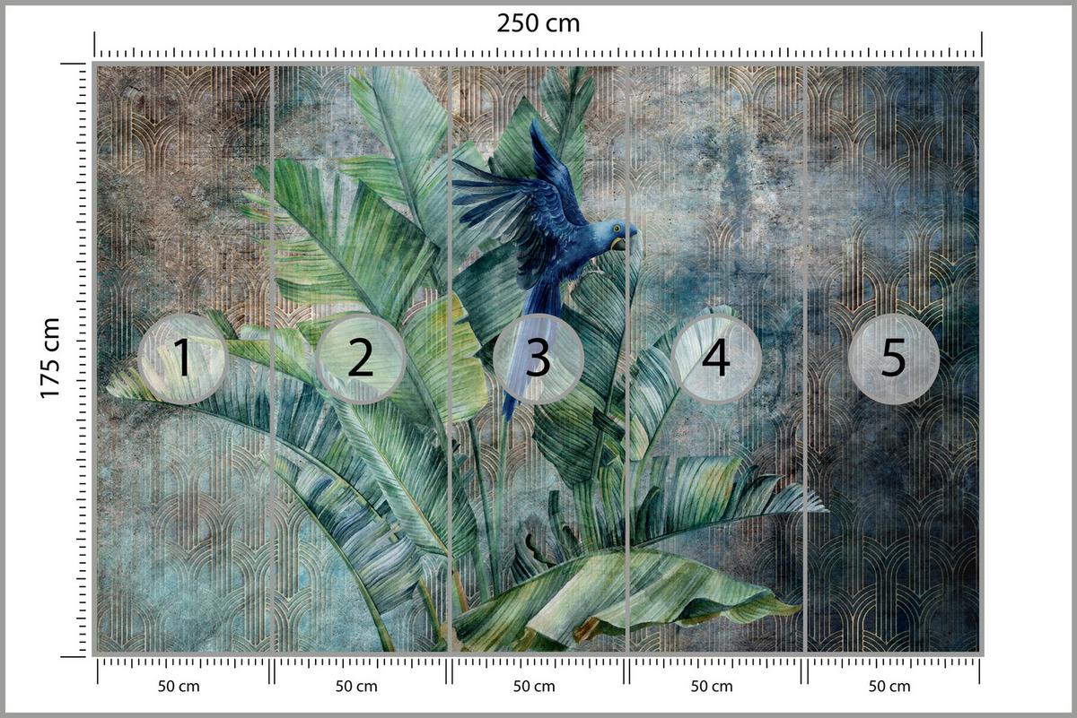 FOTOTAPETE für Wohnzimmer Retro Papuga Tropische Blätter 250x175 - Blau/Braun, Papier (250/175cm) - Muralo