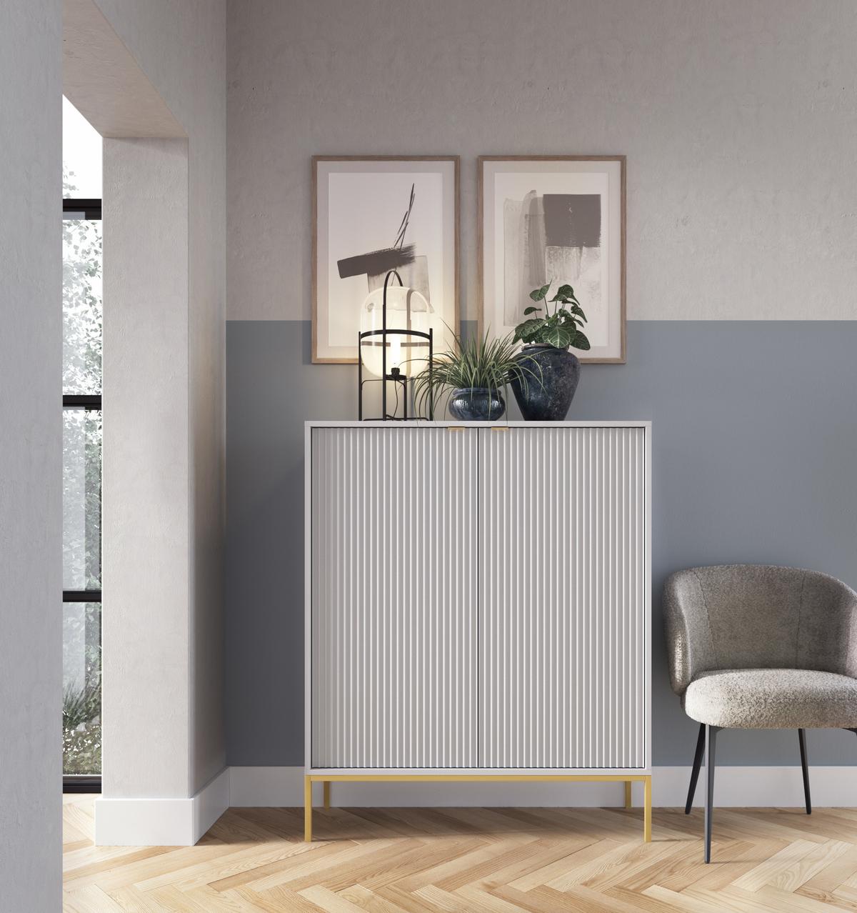 SIDEBOARD Eternas 2T Grau 104/125/39 cm – goldene Füße, mit geriffelten Fronten - Goldfarben/Grau, Holzwerkstoff (104/125/39cm) - AX Living
