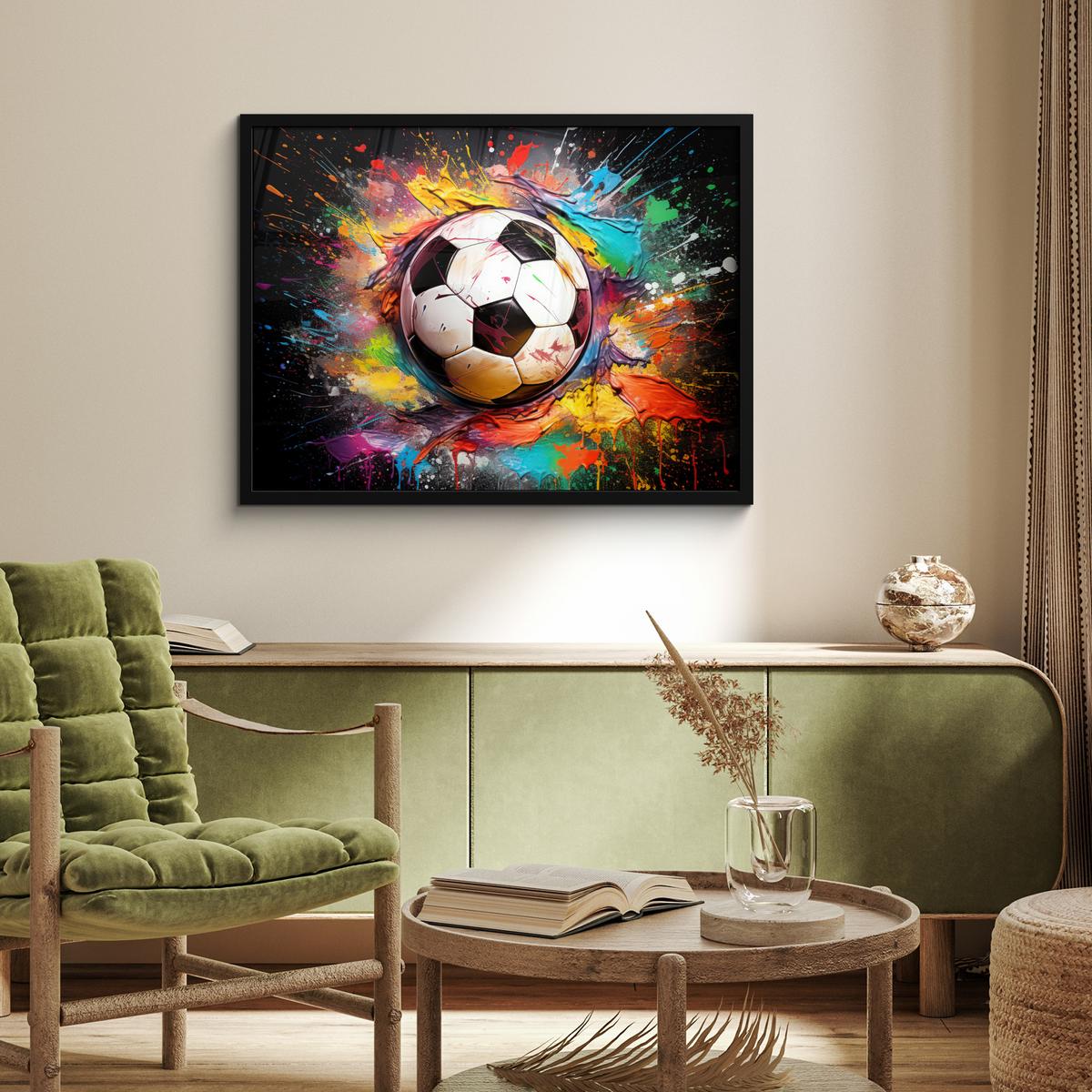 POSTER MIT RAHMENGERAHMTES BILD Fußball - Farbe - Farben - Schwarz - Weiß 80x60 cm - Weiß, Papier (80/60cm) - MuchoWow