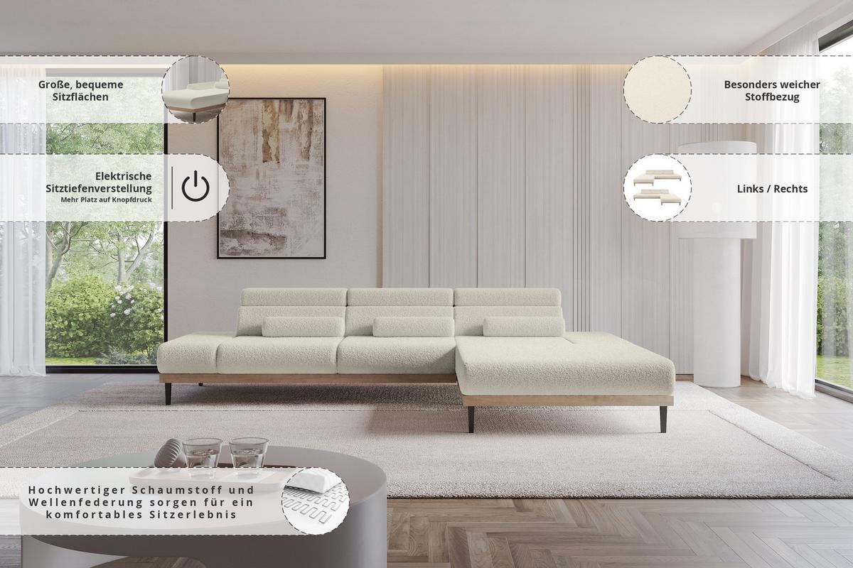 ELEKTRISCHES ECKSOFA Rechts MONA 316x205x85 Beige Bouclé - Greige/Beige, Holzwerkstoff/Textil (316/205cm) - ALTDECOR