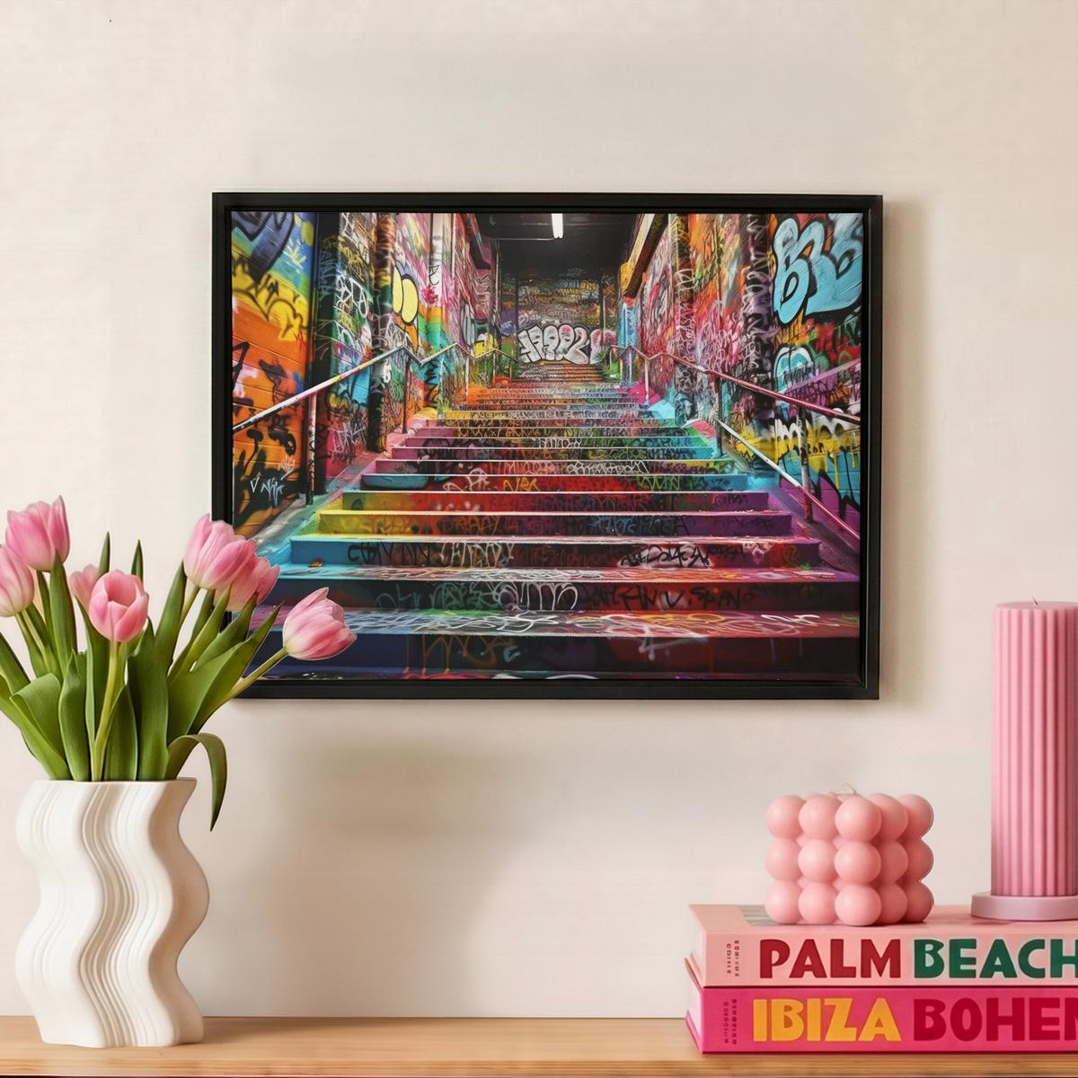LEINWAND Bilder mit Rahmen - Treppe - Graffiti - Farben - Kunst - 40x30 - Multicolor, Textil (40/30cm) - MuchoWow