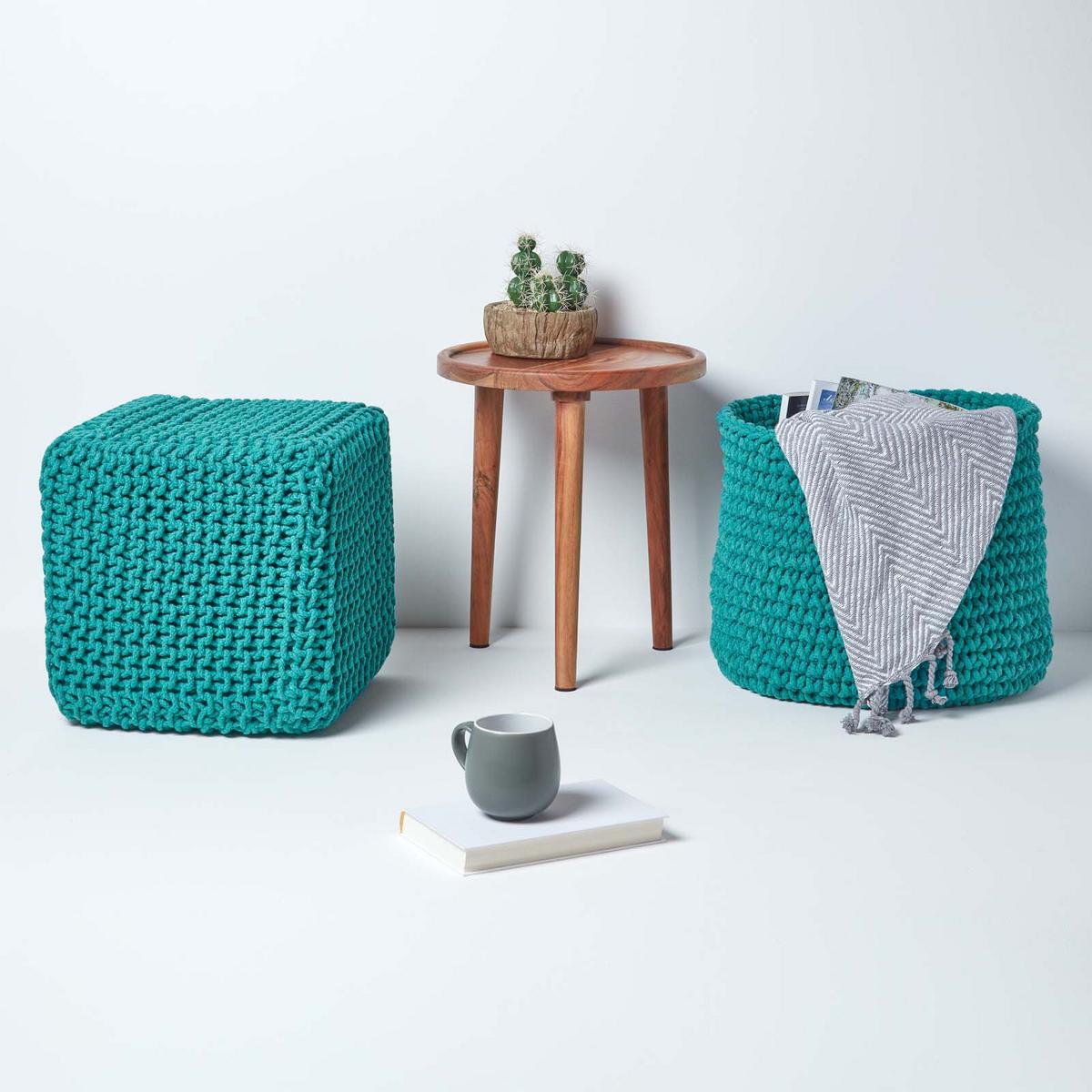 STRICK-POUF petrol-grün, Sitzwürfel 35/35/35 cm - Grün, Textil (35/35/35cm) - Homescapes