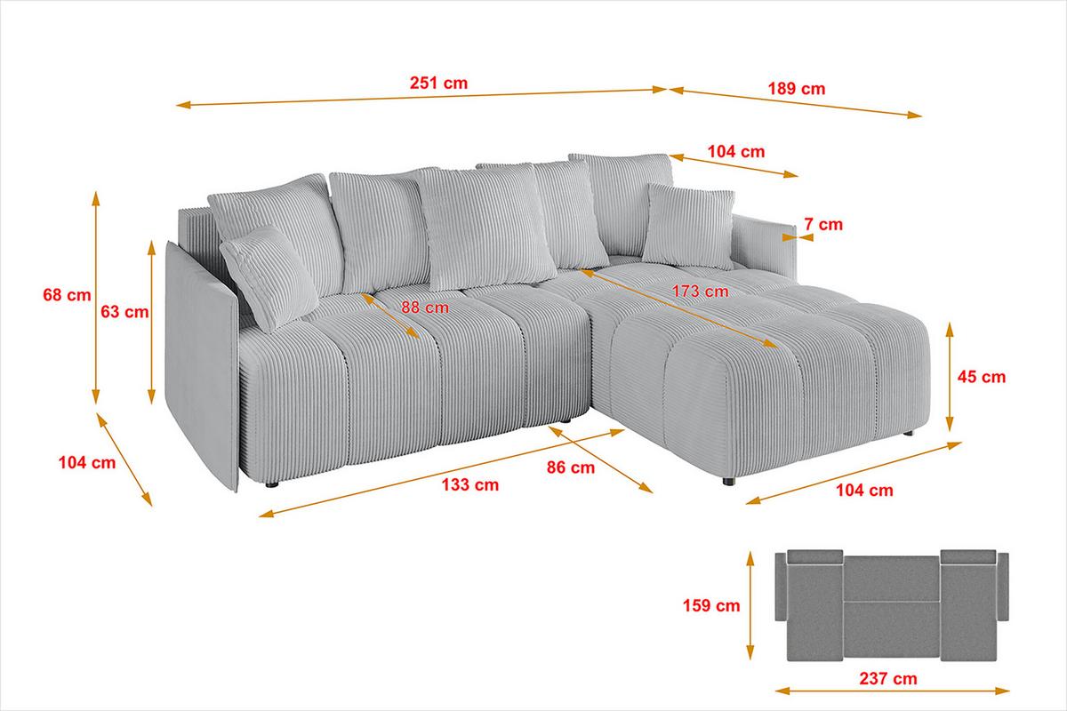 ECKSOFA Ottomane rechts LONLI-L 251x189x68 Grau Cord - Grau, Holzwerkstoff/Kunststoff (189/251cm) - ALTDECOR