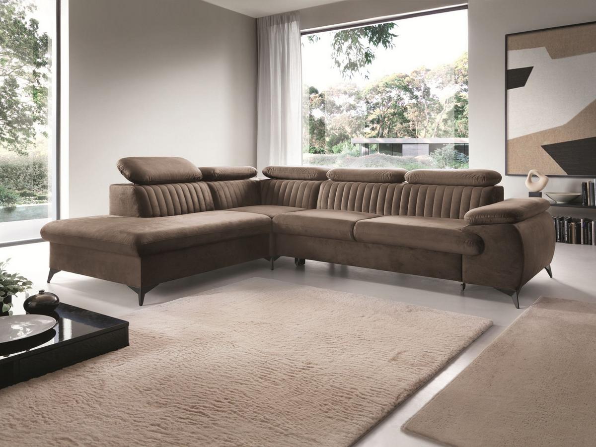 ECKSOFA FIORE Braun Velours-Stoff mit Schlaffunktion - Braun, Holz (275/221cm) - MASSENO