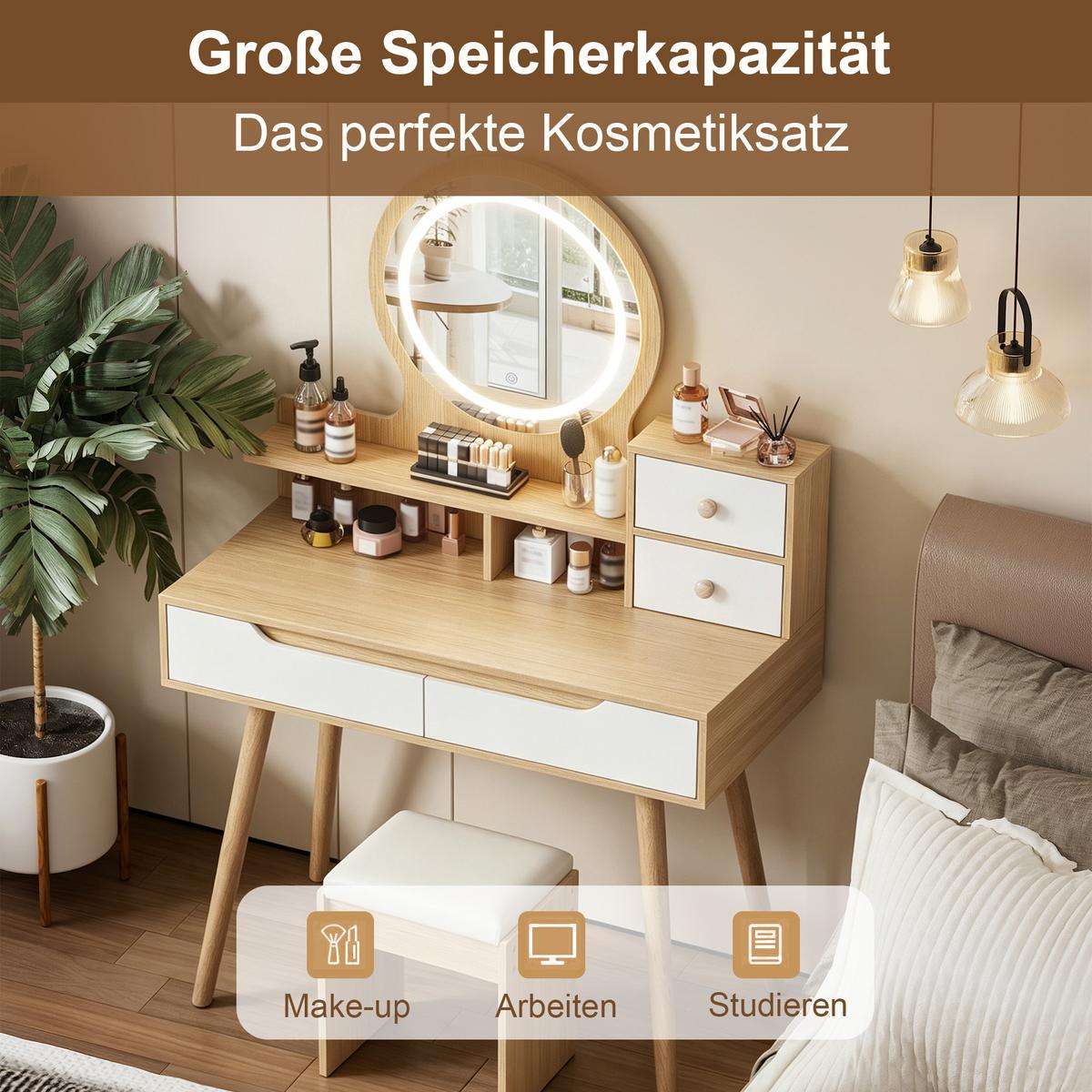 SCHMINKTISCH-SET in Holzoptik mit Weiß, LED-Spiegel, Hocker und 4 Schubladen - Naturfarben, Holzwerkstoff (80/135/40cm) - Urban Meuble