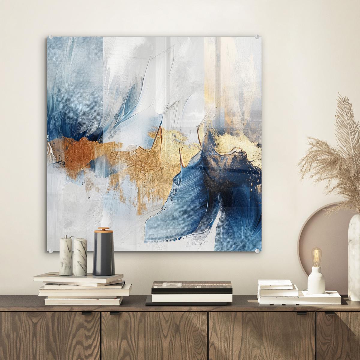ACRYLGLASBILD Gold - Blau - Aquarell - Kunst - Modern 50x50 cm - Hellblau, Glas (50/50cm) - MuchoWow