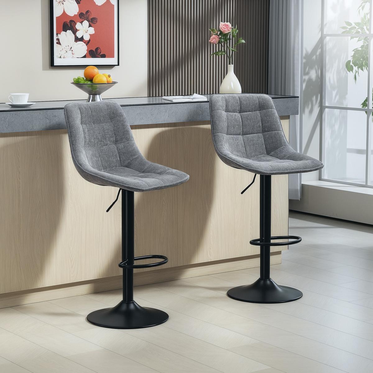 BARHOCKER 2er-Set, Gepolstert Barstuhl mit Lehne, Chenille-Optik Dunkelgrau - Dunkelgrau/Schwarz, Kunststoff/Textil (47/115.5/48cm) - HOMCOM