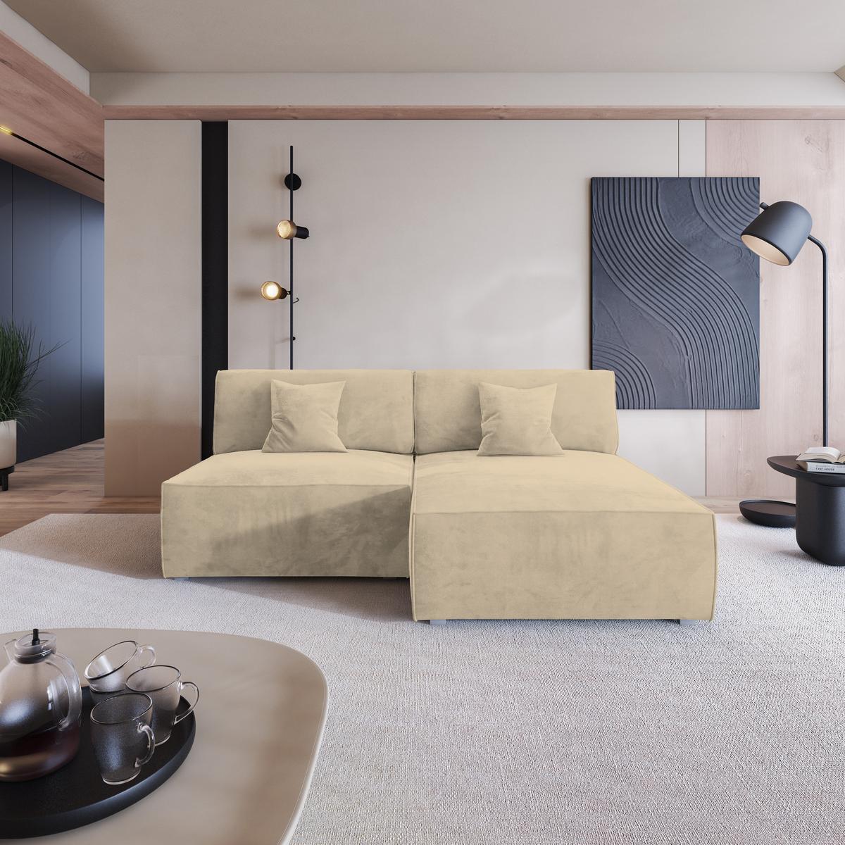 ECKSOFA FIORO M Creme Velours-Stoff mit Schlaffunktion - Creme/Grau, Holz/Kunststoff (204/148cm) - MASSENO