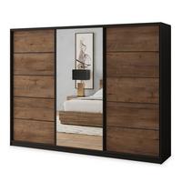SCHWEBETÜRENSCHRANK NATA 270/205/58 cm 3-türig mit Spiegel und 4 Schubladen Schwarz - Eichefarben/Schwarz, Holzwerkstoff (270/205/58cm) - MASSENO
