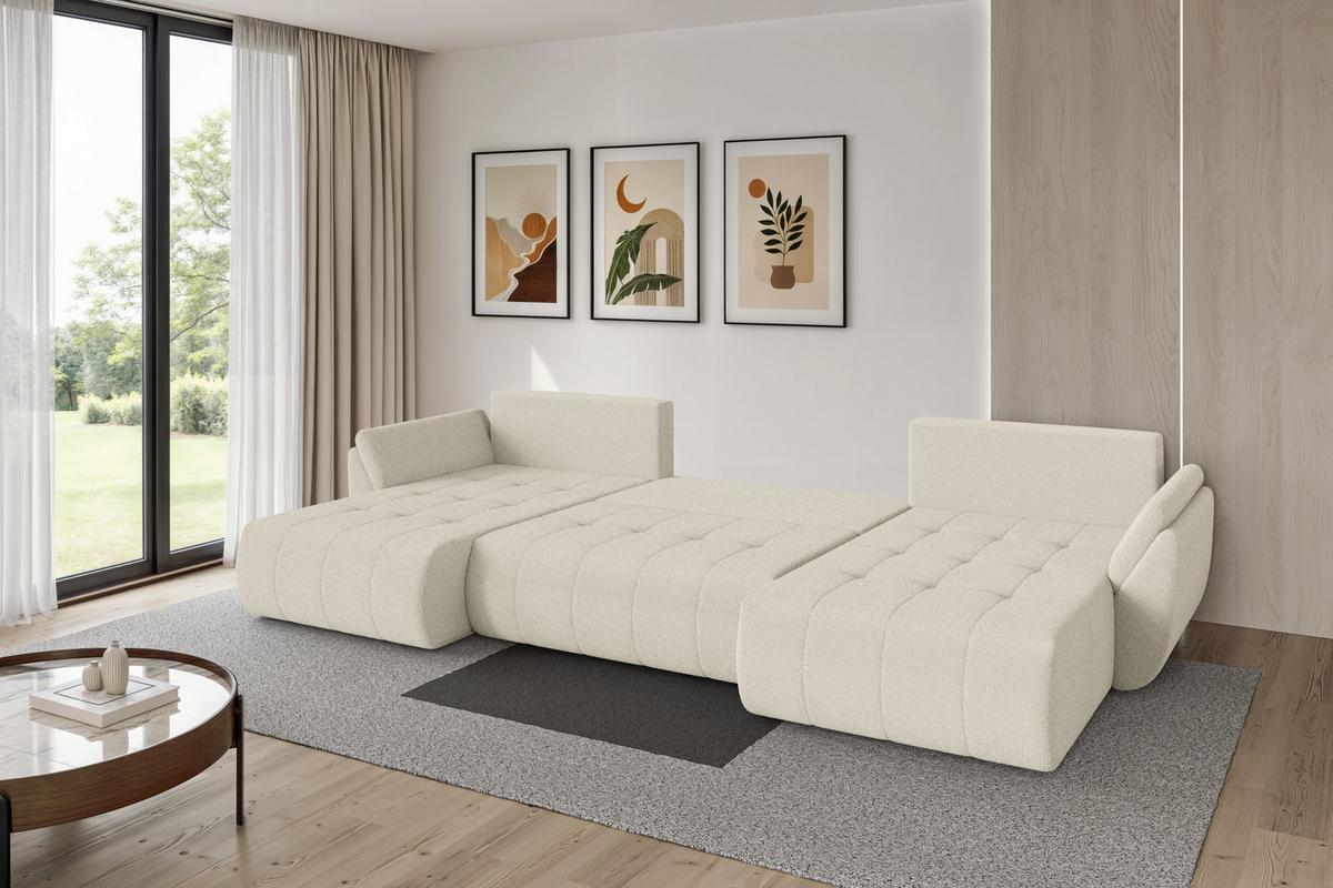 WOHNLANDSCHAFT mit Schlaffunktion und Bettkasten TOKO-U 378x194x86 Beige Bouclé - Sandfarben/Beige, Holzwerkstoff/Kunststoff (378/86/194cm) - ALTDECOR