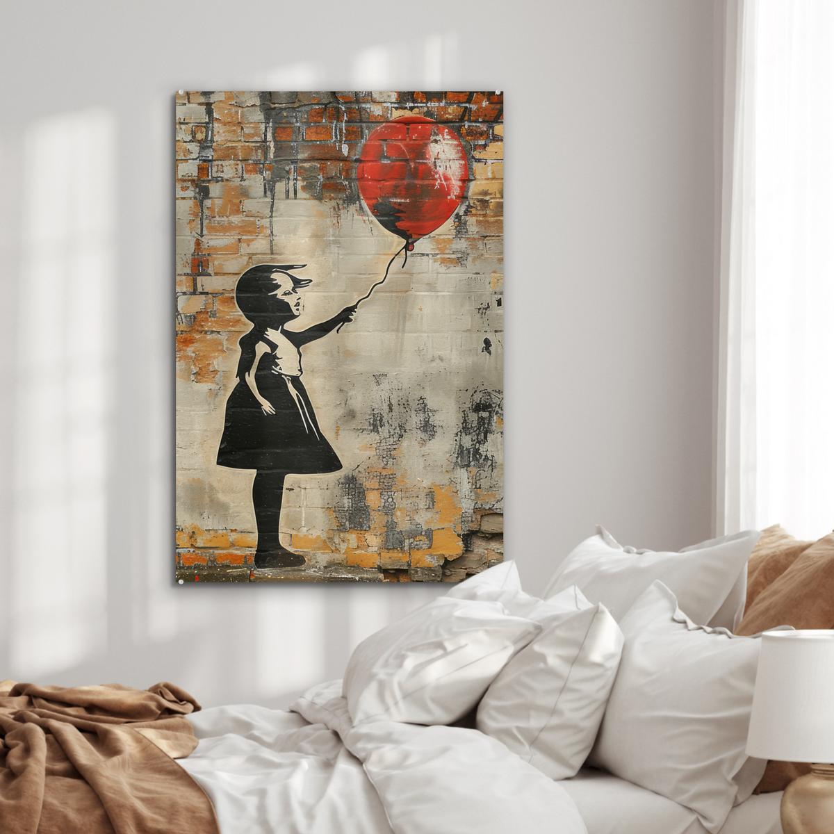 ACRYLGLASBILD Graffiti - Banksy - Mädchen - Straßenkunst 80x120 cm - Sandfarben, Glas (80/120cm) - MuchoWow
