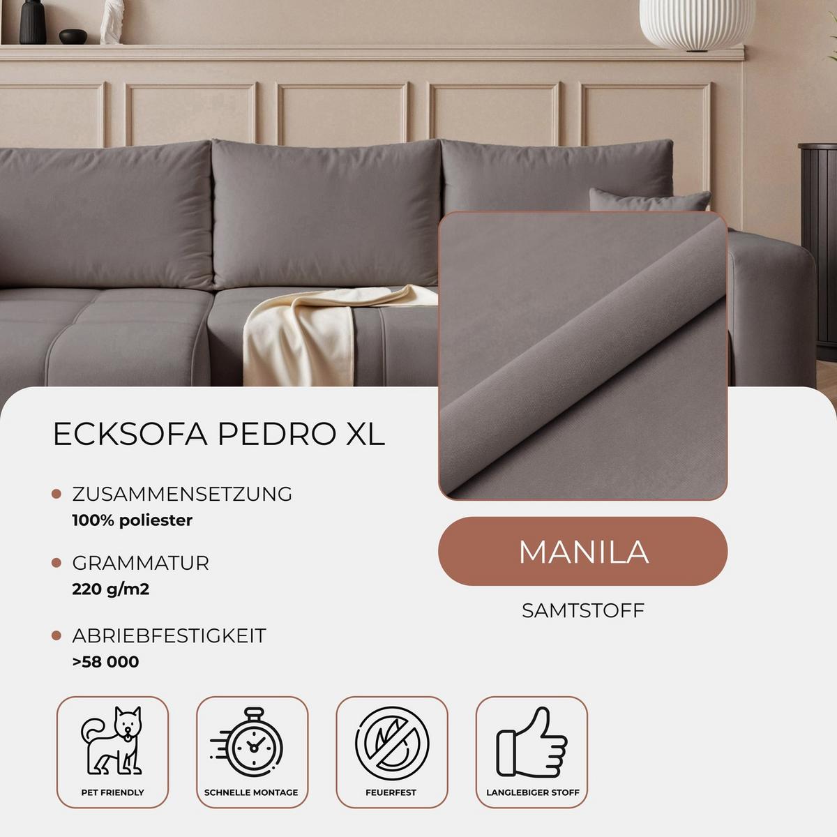 ECKSOFA XL Velours mit Bettkasten und Schlaffunktion - Dunkelgrau, Holzwerkstoff/Textil (278/145cm) - Idohome