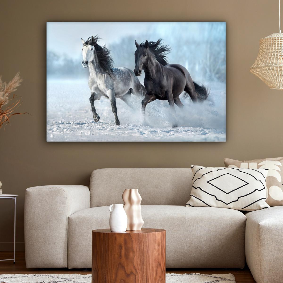 LEINWANDBILD Pferde - Winter - Tiere - Natur - Schnee Groß 140x90 cm - Anthrazit, Textil (140/90cm) - MuchoWow