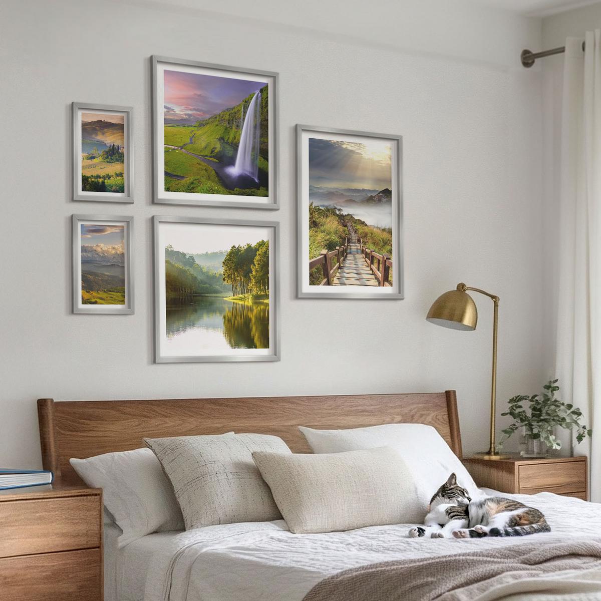 BILDER SET 5er Set - 50x50 cm & 20x30 cm & 40x60 cm Silberner Rahmen - Aquarell von grünen tropischen Blättern - Silberfarben, Kunststoff (40/60cm) - TULUP
