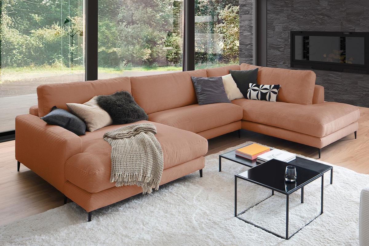 WOHNLANDSCHAFT CARA Braun Cord - Schwarz/Braun, Textil (341/84/223cm) - KAWOLA