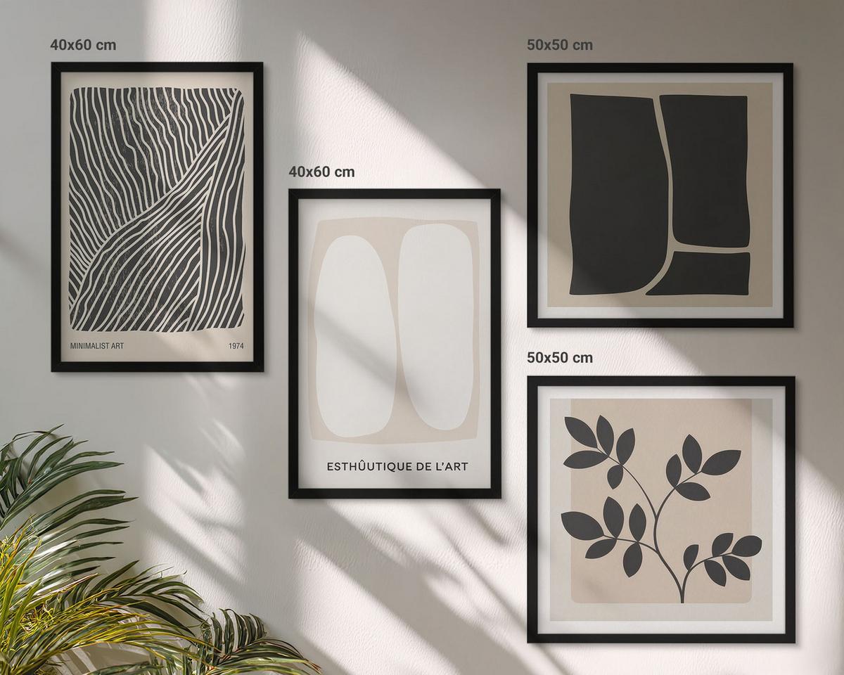 BILDER SET 4er Set - 50x50 cm & 40x60 cm Schwarzer Rahmen - Minimalistische Pflanzenmuster - Schwarz, Kunststoff (50/50cm) - TULUP
