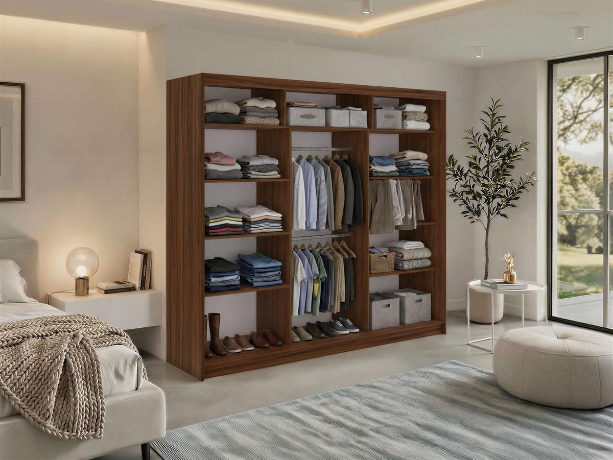 SCHWEBETÜRENSCHRANK 240 - VERONA - Warmia Walnuss mit Spiegel - Walnussfarben/Alufarben, Holzwerkstoff/Metall (240/216/61cm) - MKS