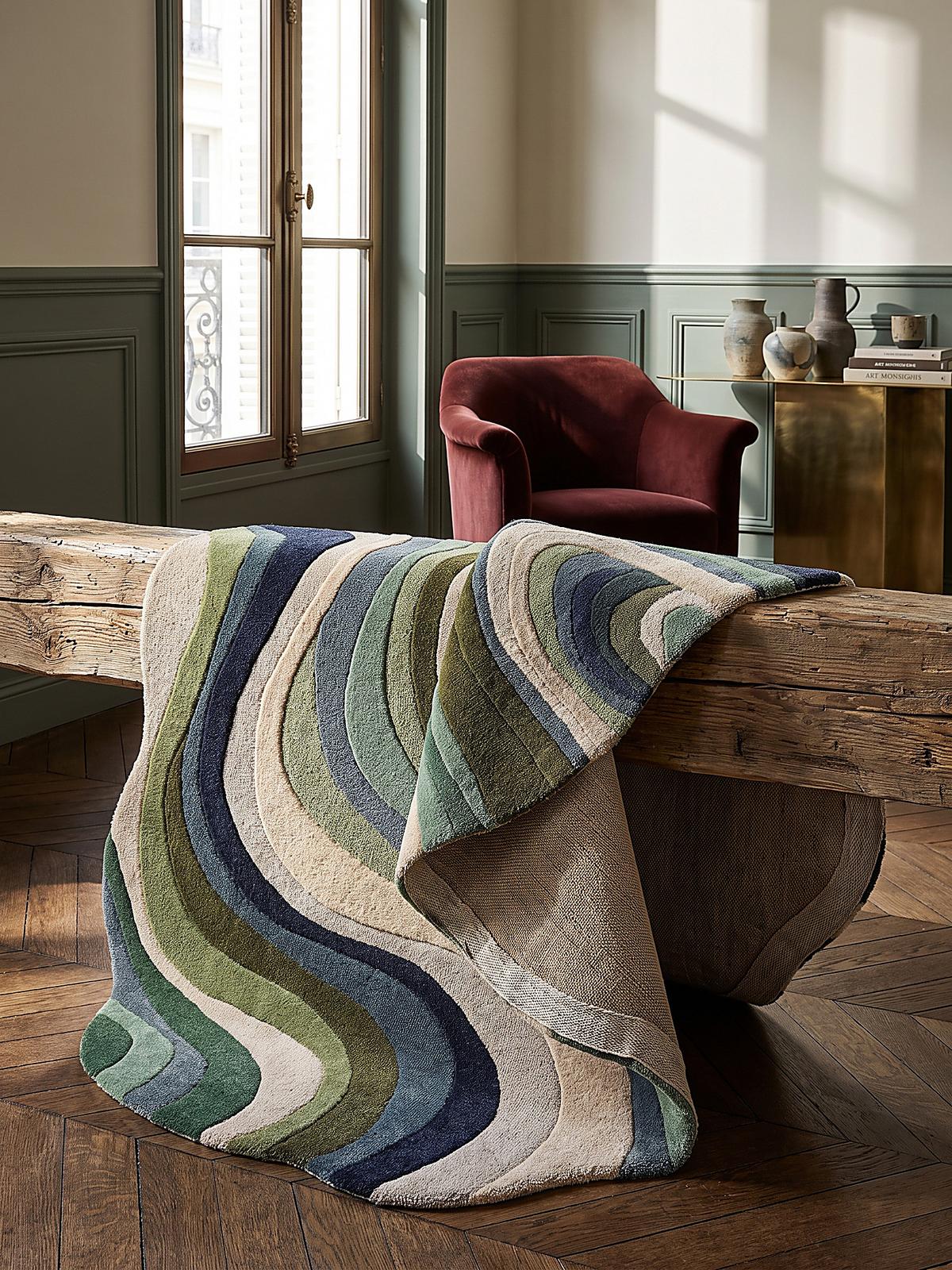 WOLLTEPPICH handgetuftet EFFRA, Wellen-Swirl, Erdtöne-Grün, 200 x 290 cm - Grün, Textil (200/290cm) - KADIMA DESIGN