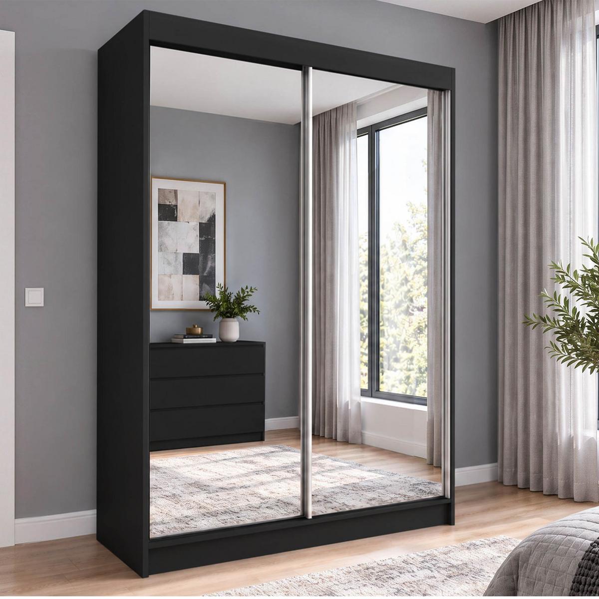 SCHWEBETÜRENSCHRANK Debra mit 2 Türen, 160/216/61 Schwarz mit Spiegel - Schwarz, Holzwerkstoff (160/216/61cm) - Beautysofa