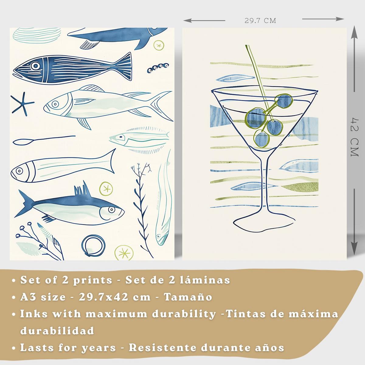 POSTER 2er Set Küchen-Wandbilder Fische Strichzeichnung und Martini Aquarell Minimalistisch Wanddeko Rahmenlos A3 - Schwarz, Papier (29.7/1/42cm) - Nacnic