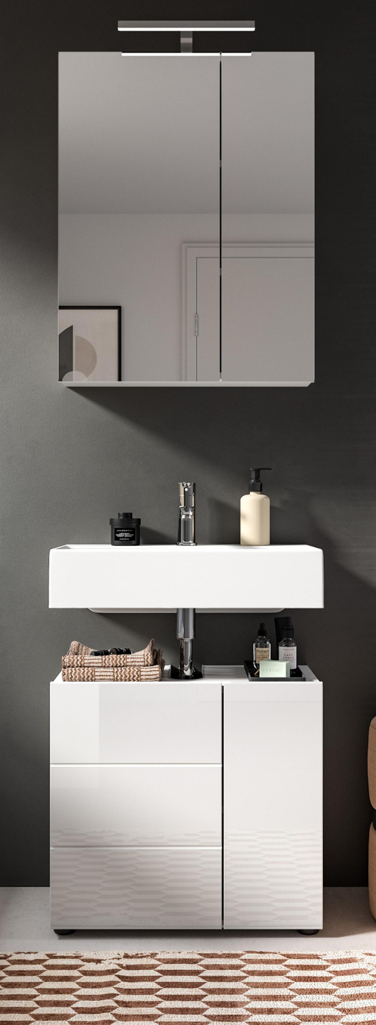 BADMÖBEL-SET 2-teilig weiß Hochglanz, Badkombination 60 x 190 cm - Weiß Hochglanz, Glas/Holzwerkstoff (60/190/34cm) - Inn.Furn
