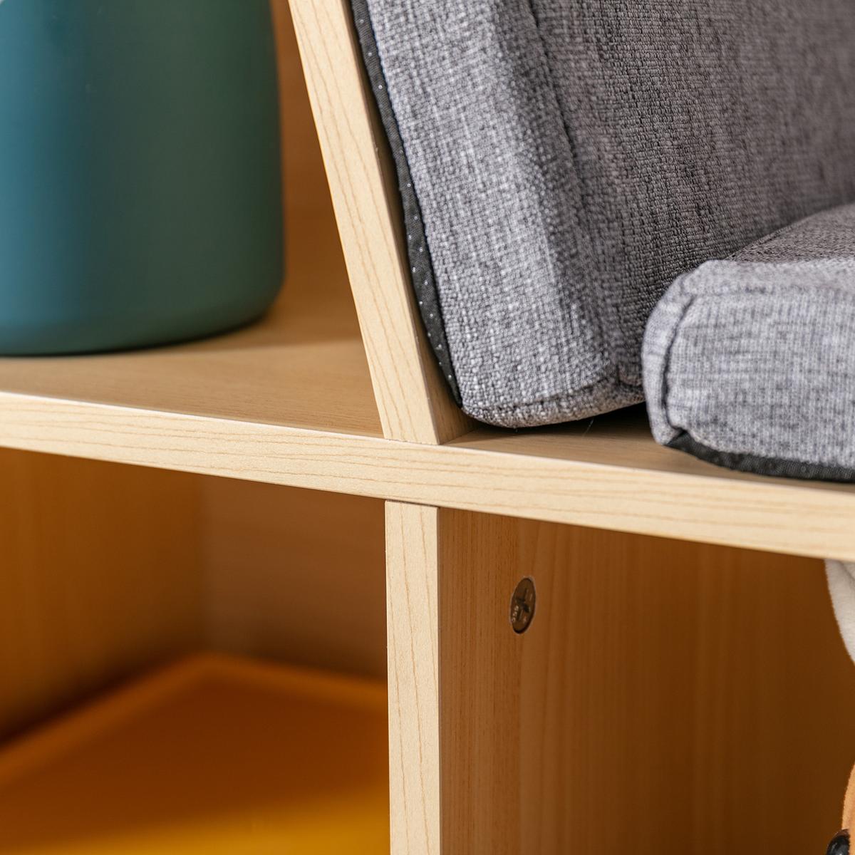 KINDERREGAL 2-in-1 Eckregal mit 6 Fächern Kindersitzbank mit Kissen Grau - Hellbraun/Naturfarben, Holzwerkstoff/Textil (30/62/103cm) - HOMCOM