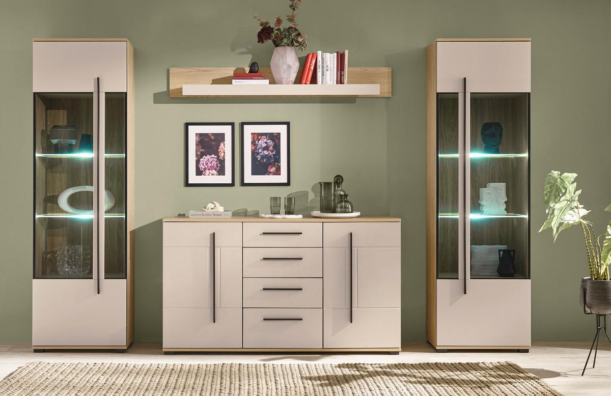 WOHNWAND Kaschmir, Eiche 4-teilig 290, Schrankwand in modernem Design - Kaschmir/Eichefarben, Glas/Holzwerkstoff (290/200/42cm) - Furn.Design
