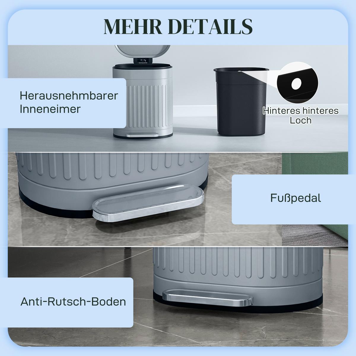 MÜLLEIMER Metall Kunststoff Grau - Grau, Metall (31.2/45/36.5cm) - HOMCOM