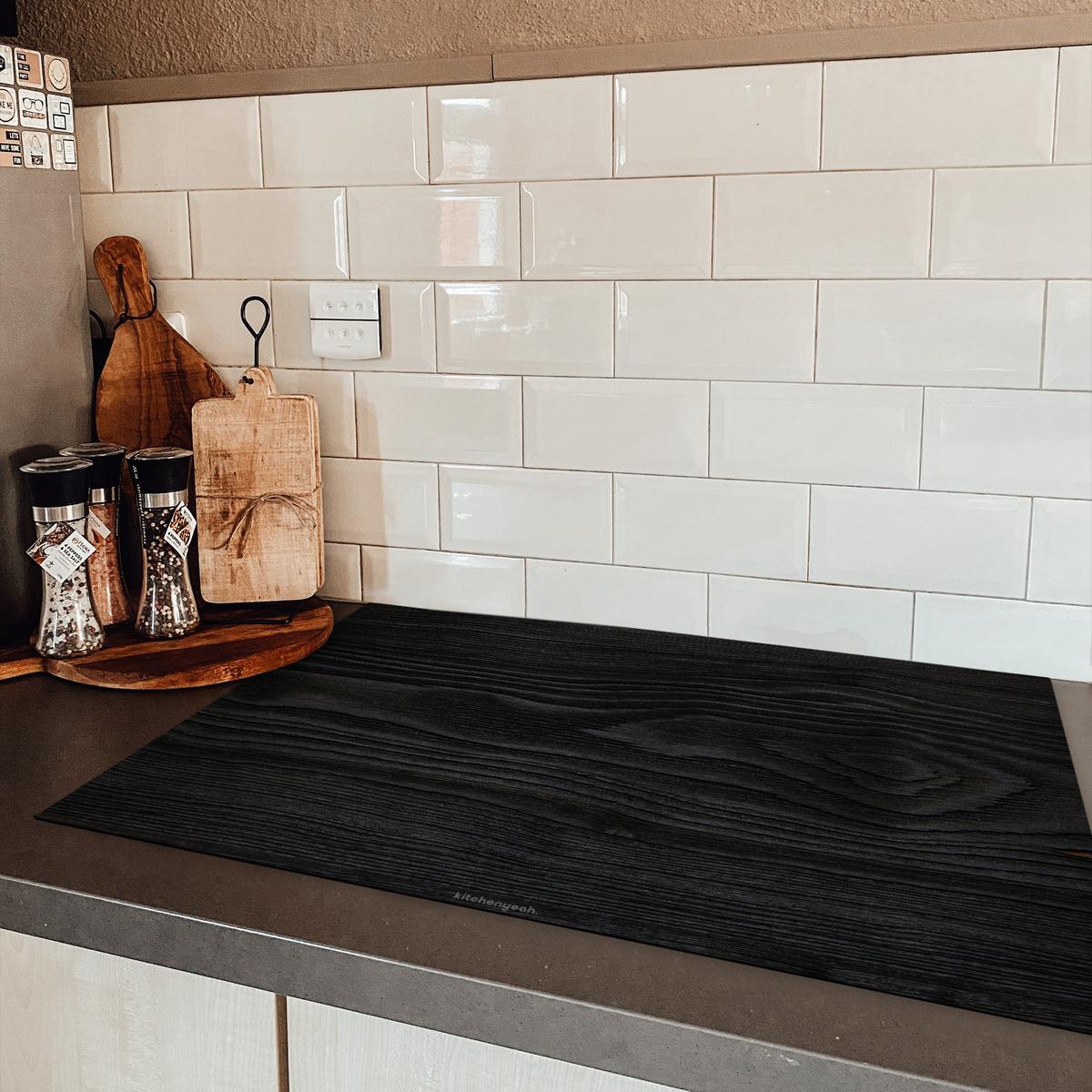 HERDABDECKPLATTE Schwarz - Holzoptik Induktionsmatte 81x52 cm - Schwarz, Kunststoff (81/52/0.2cm) - MuchoWow